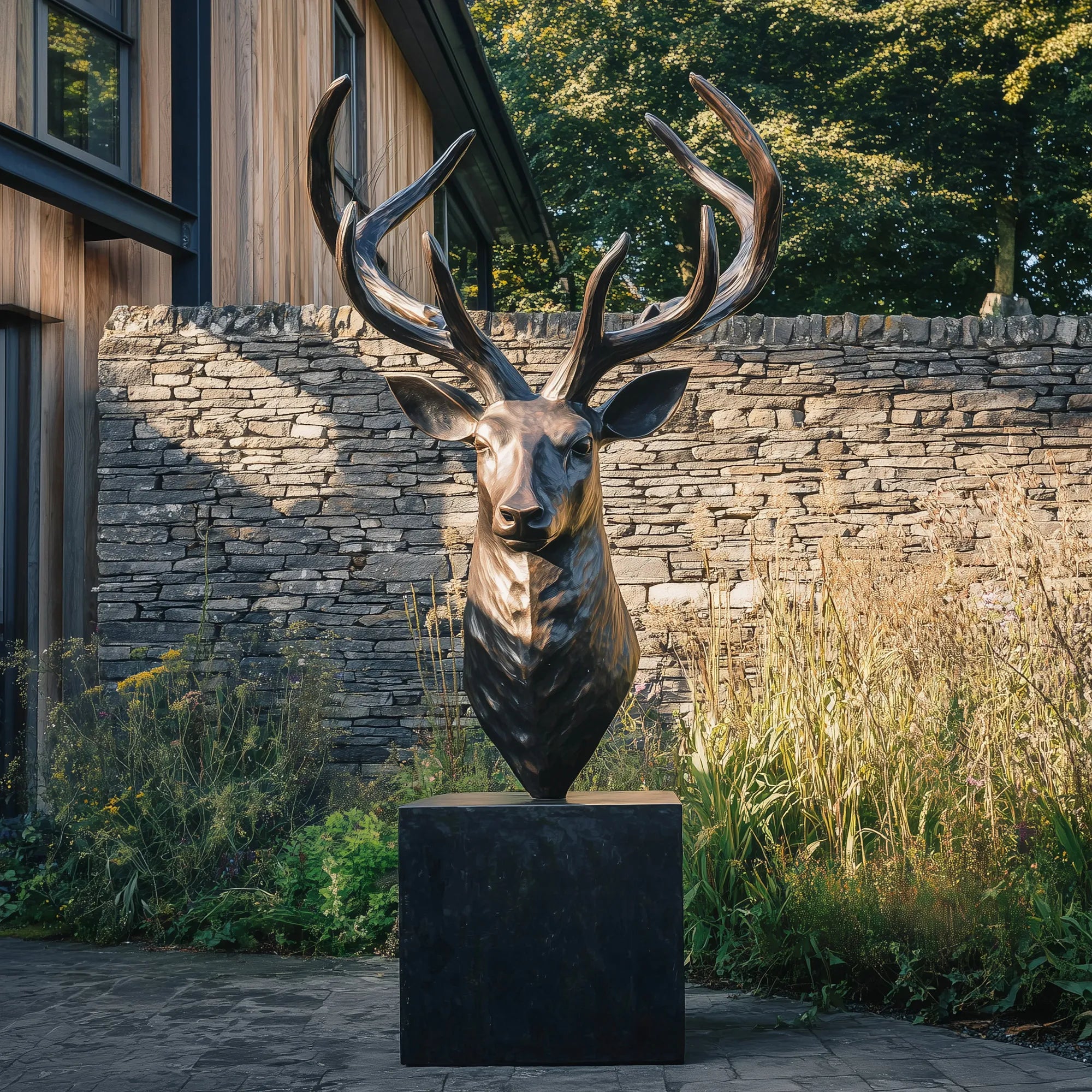 Bronze deer head bust sculpture with large antlers on pedestal in garden near stone wall.