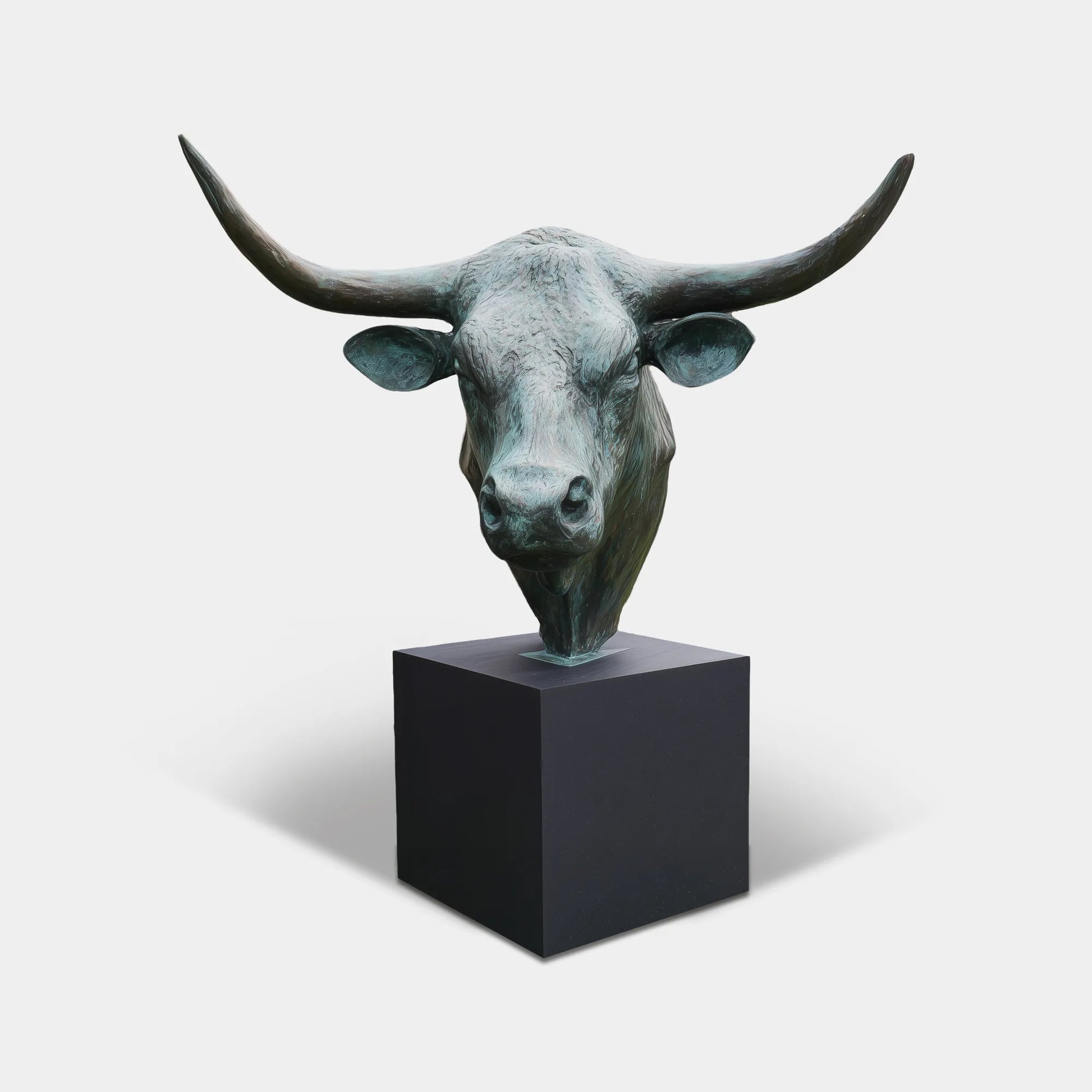 Bronze bull head sculpture in the corner of a backyard.
