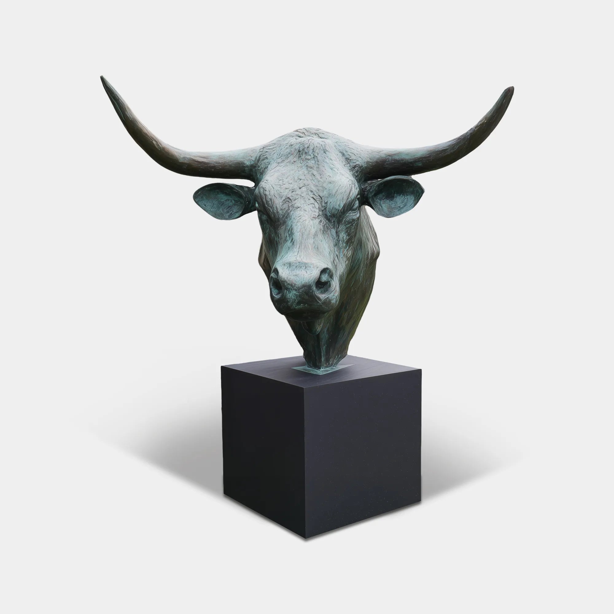 Bronze bull head sculpture in the corner of a backyard.