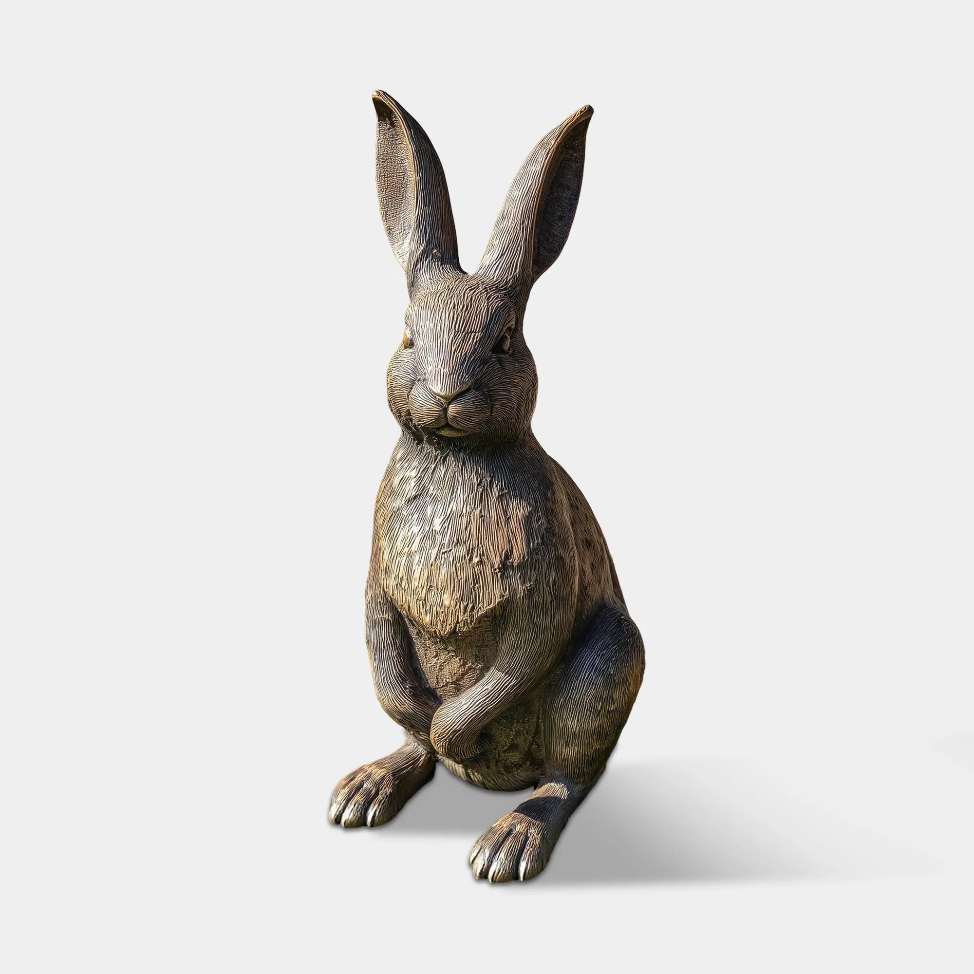 Bronze rabbit sculpture with detailed fur and lifelike features for garden paths, patio floors, living room corners, and entryway.