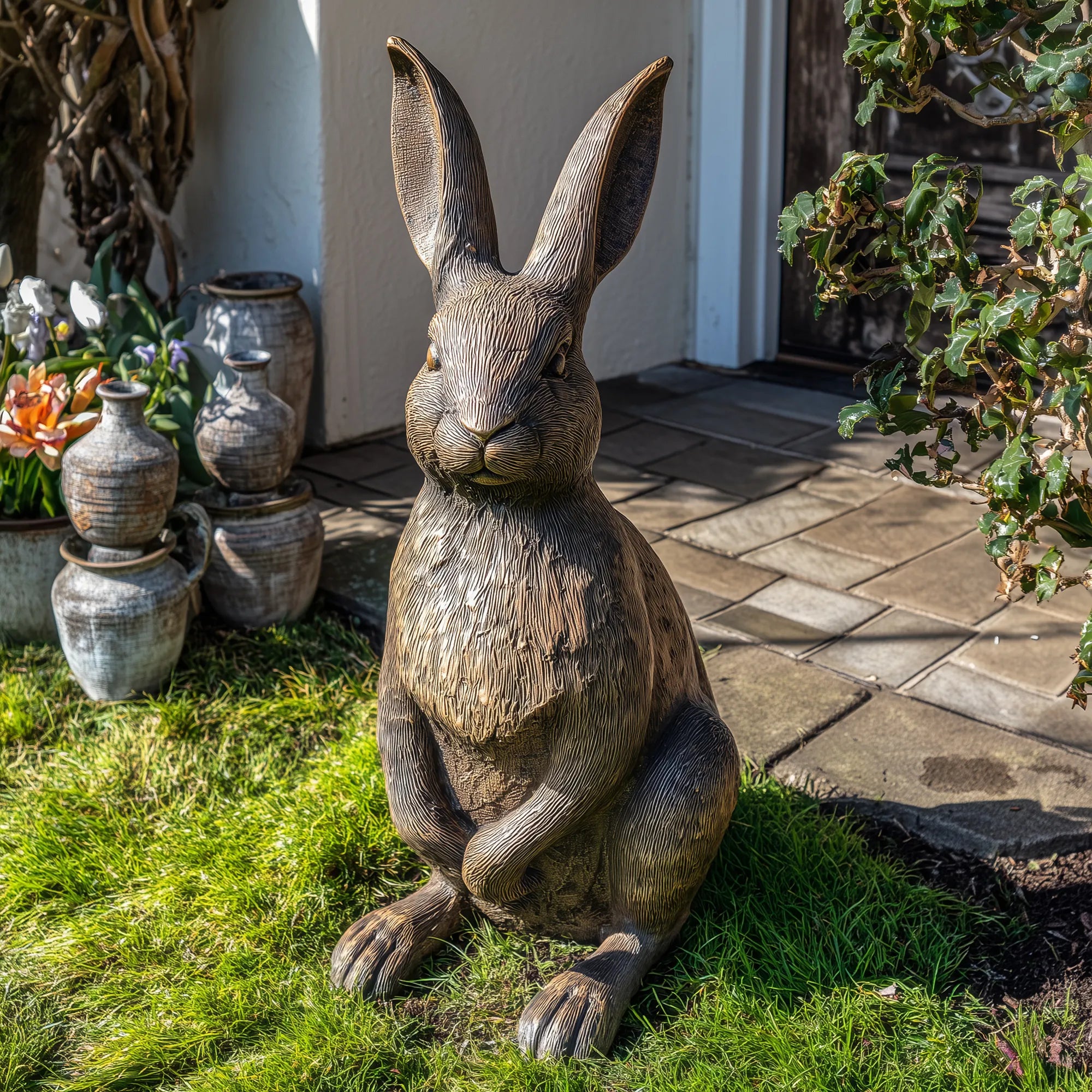 Bronze rabbit sculpture with detailed fur and lifelike features for garden paths, patio floors, living room corners, and entryway.