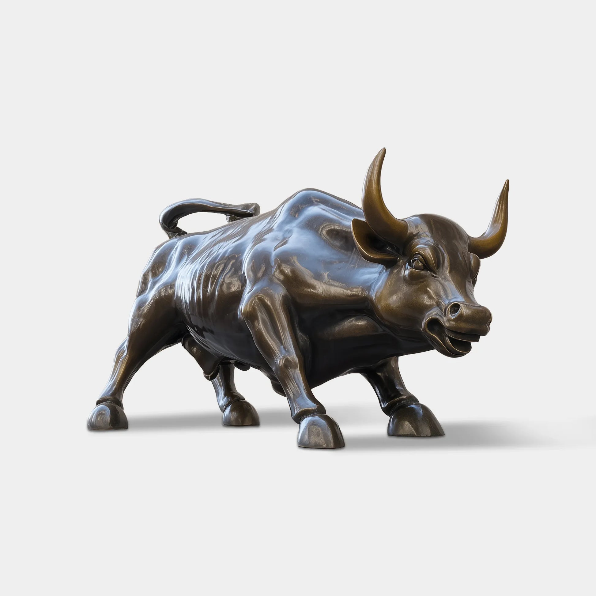 Bronze bull sculpture with detailed muscles and polished finish in front of an office building.