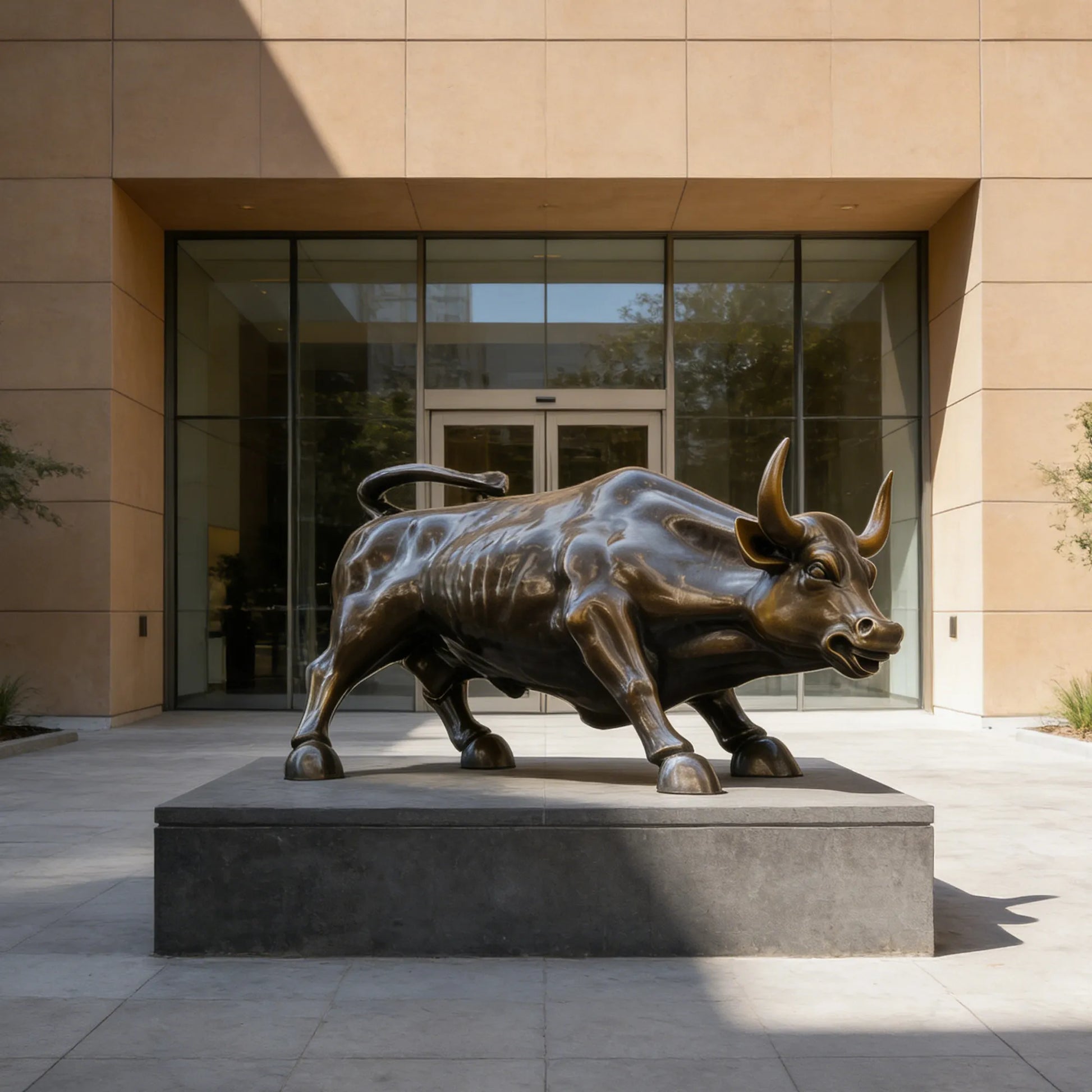 Bronze bull sculpture with detailed muscles and polished finish in front of an office building.