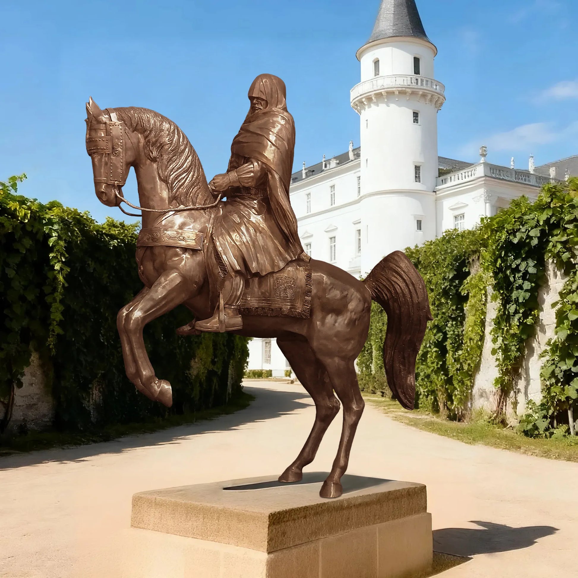 Bronze sculpture of a cloaked rider on a horse in dynamic motion in a villa garden.
