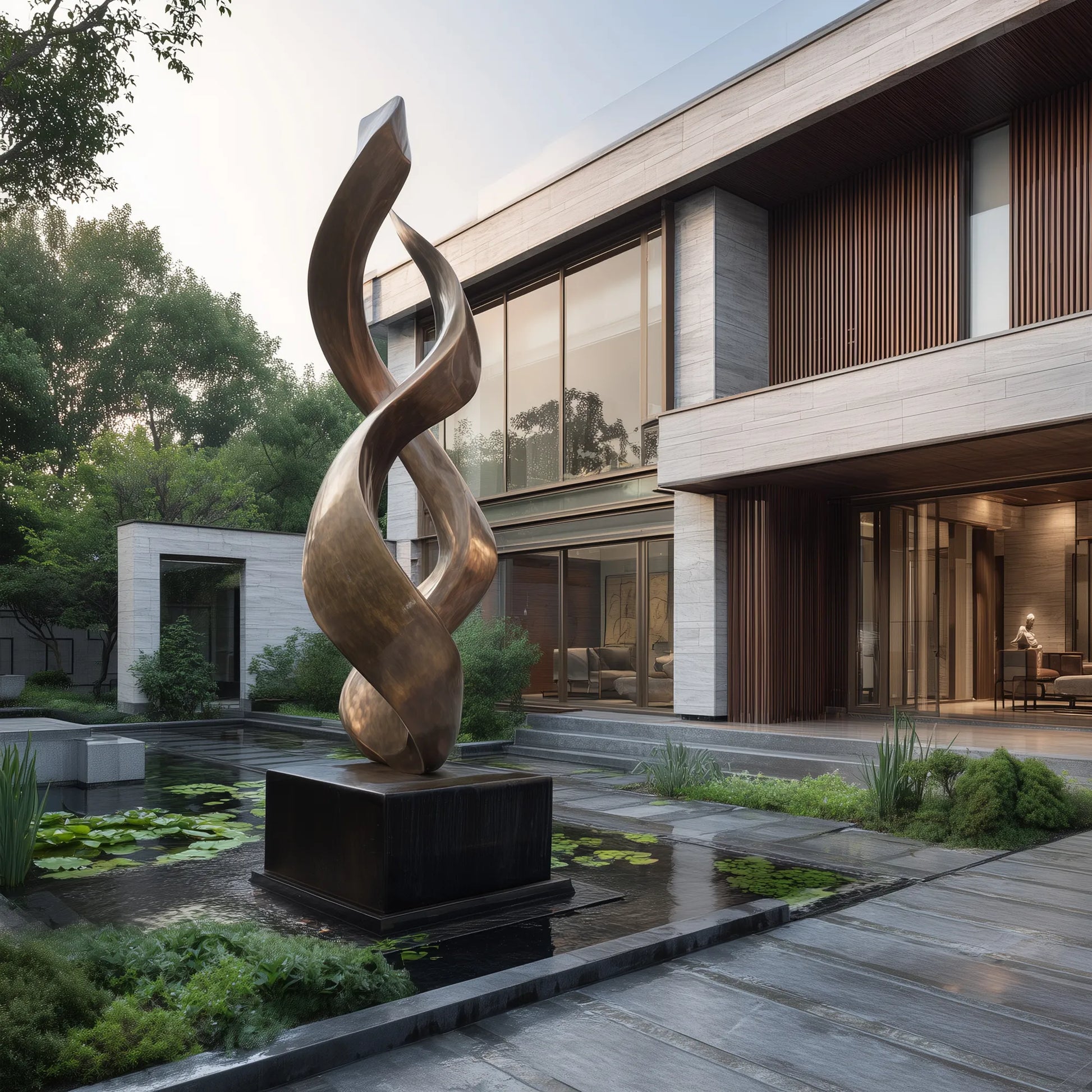 Bronze abstract flowing form sculpture in courtyard pond near modern villa entrance.