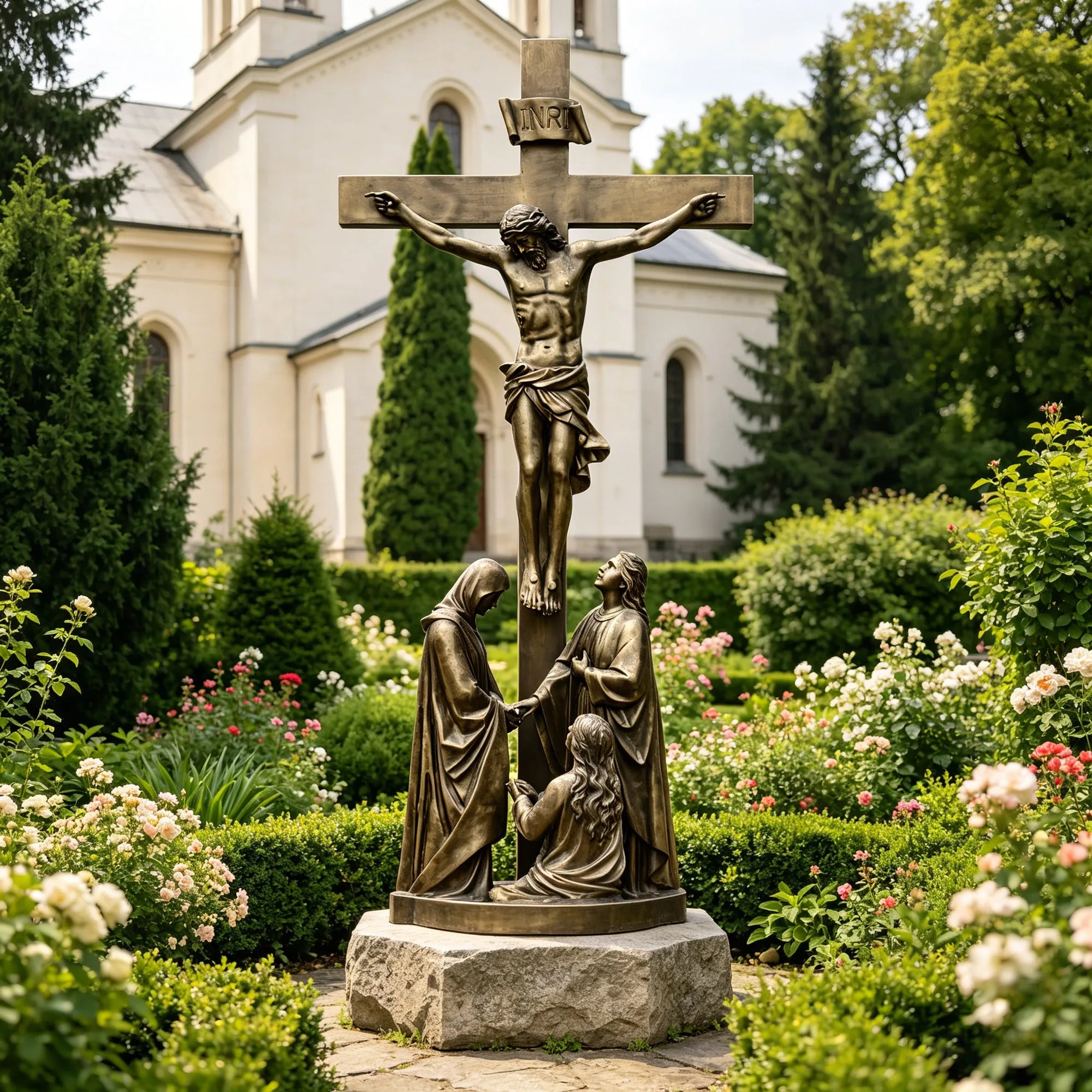 Bronze crucifix religious statue with Jesus on cross and St.Mary below in a garden near church.