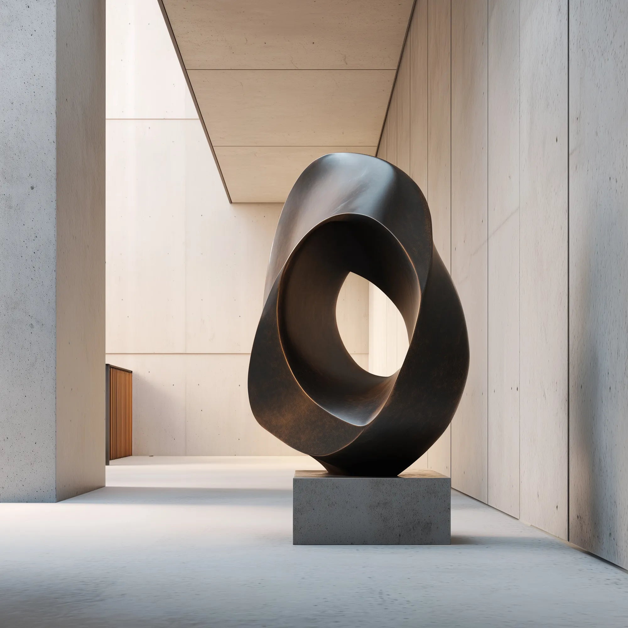 Abstract bronze sculpture with hollow organic form with base in the hallway of a modern villa.