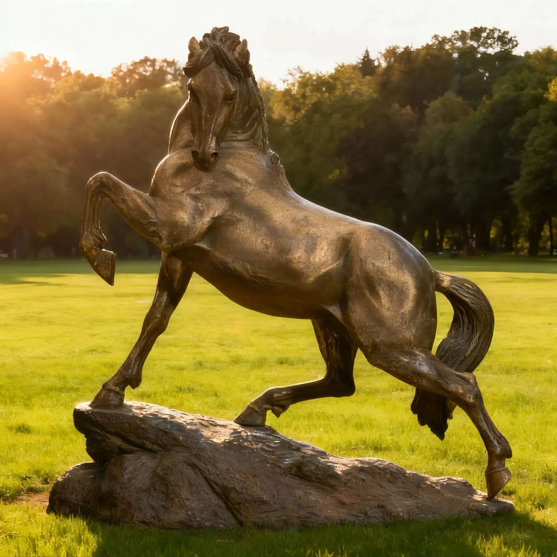 Bronze rearing horse statue on a rock base in grassy field with trees.