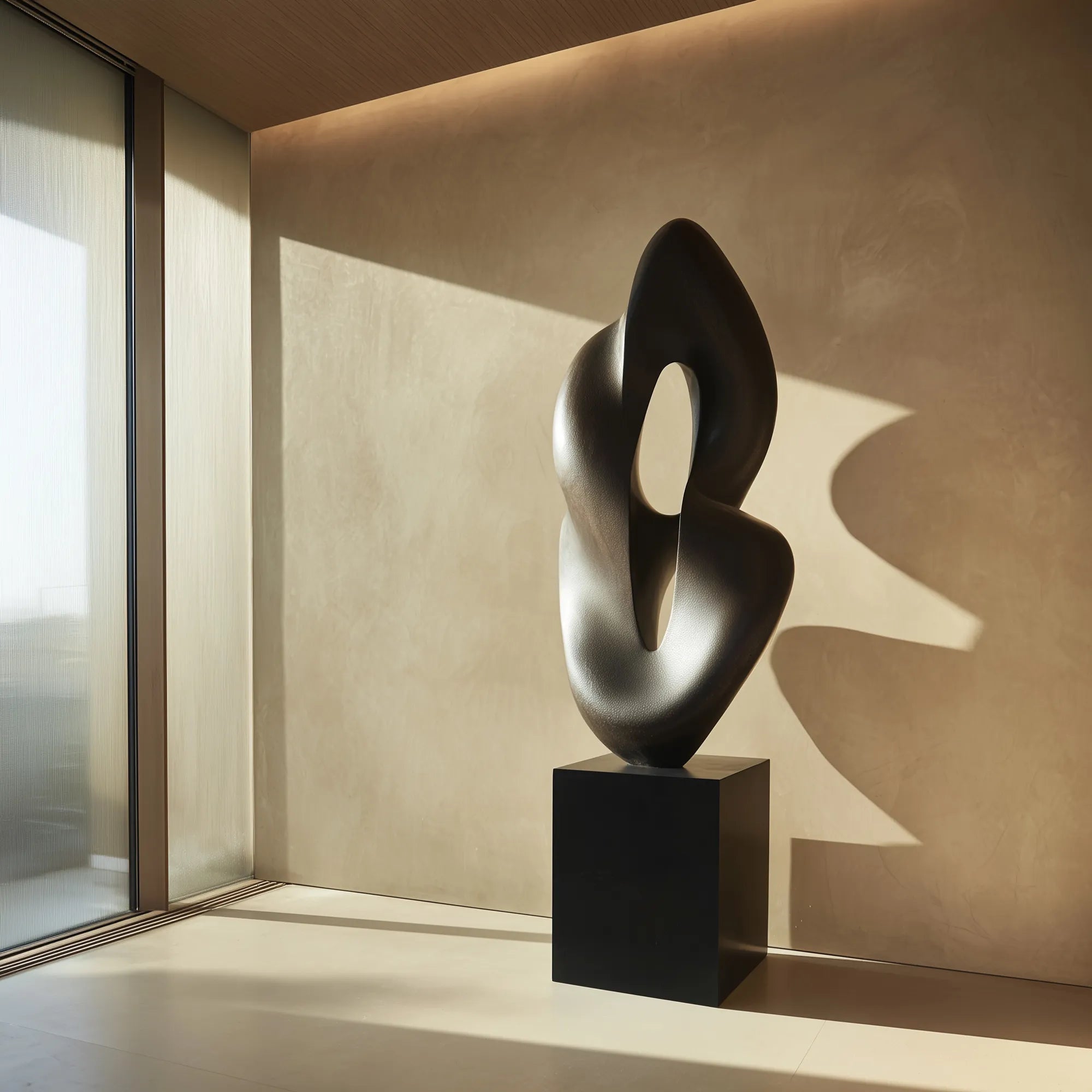 Abstract bronze sculpture in hollow organic form with base near window in modern living room.