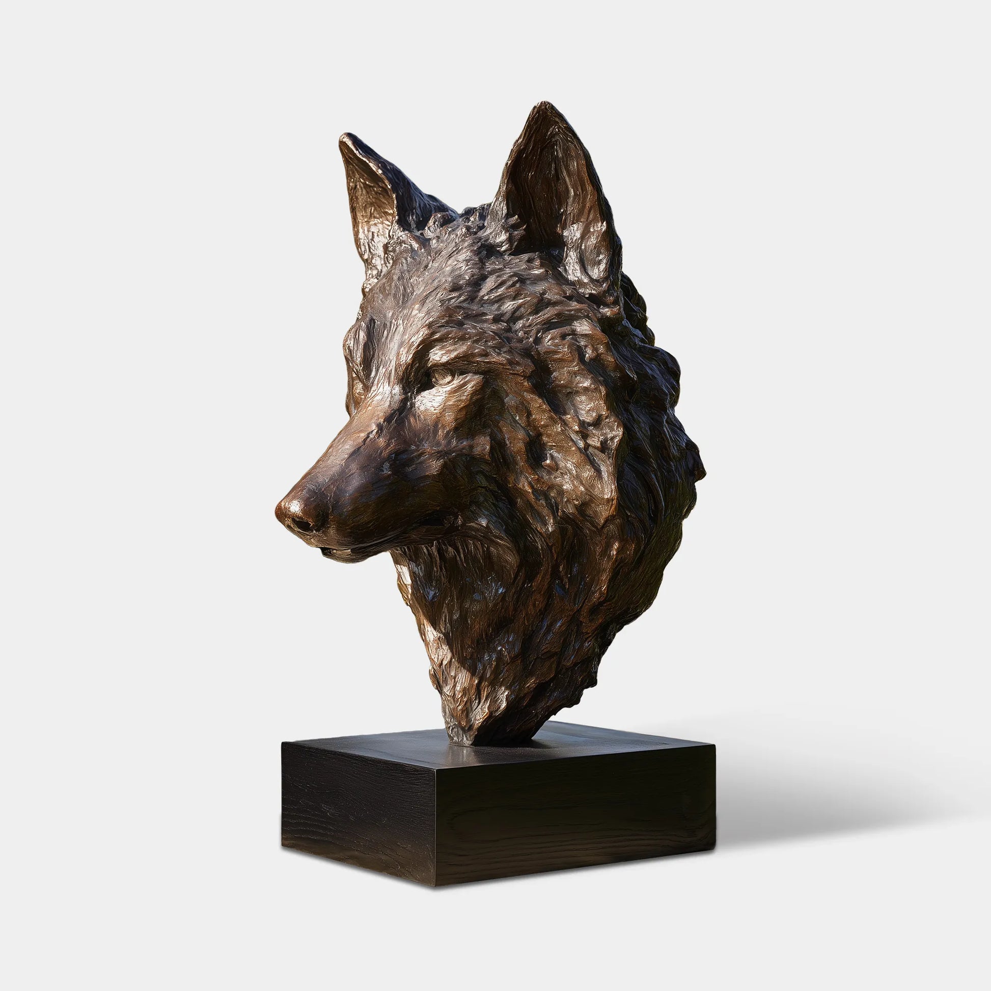 Bronze wolf head sculpture with vivid texture on a private courtyard.