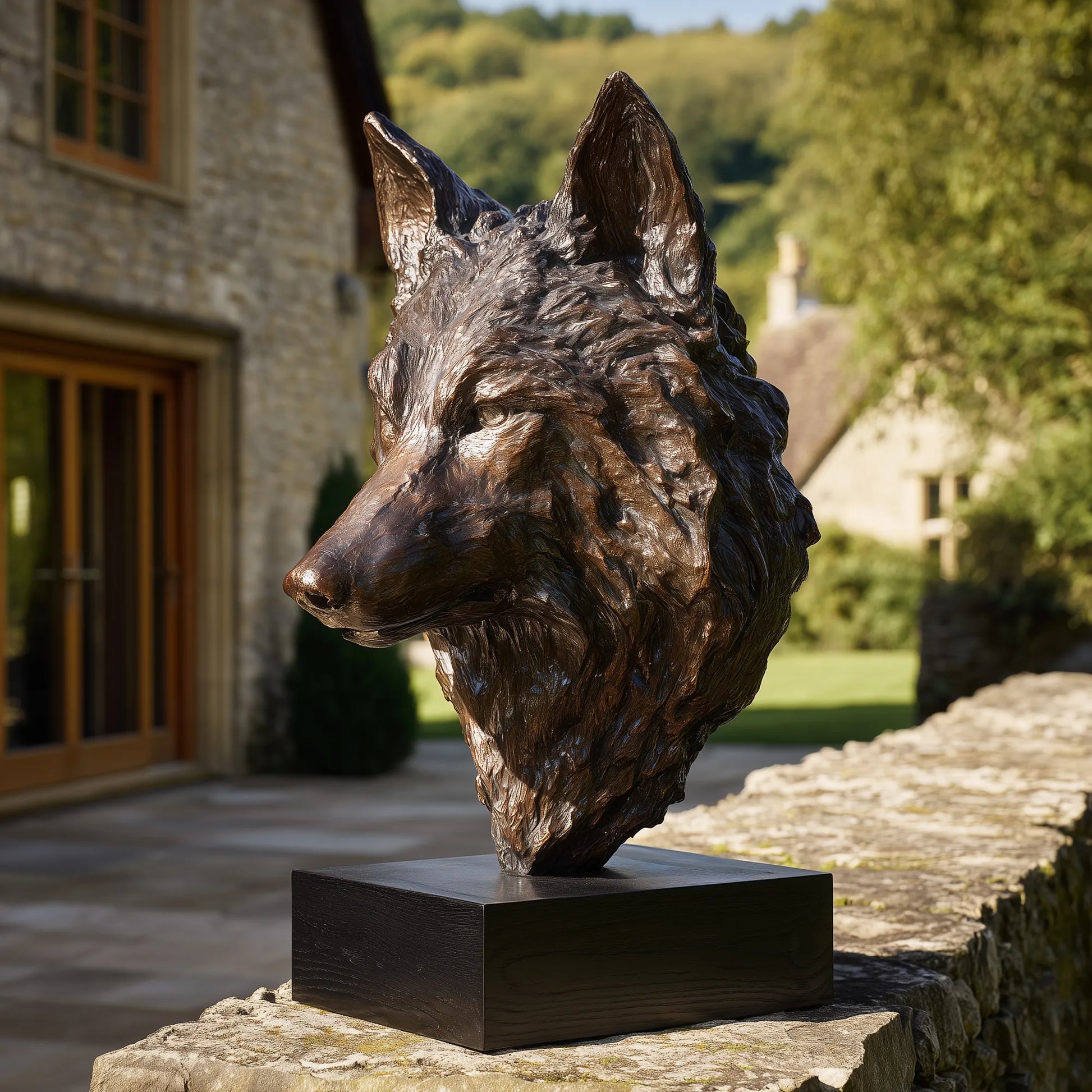 Bronze wolf head sculpture with vivid texture on a private courtyard.