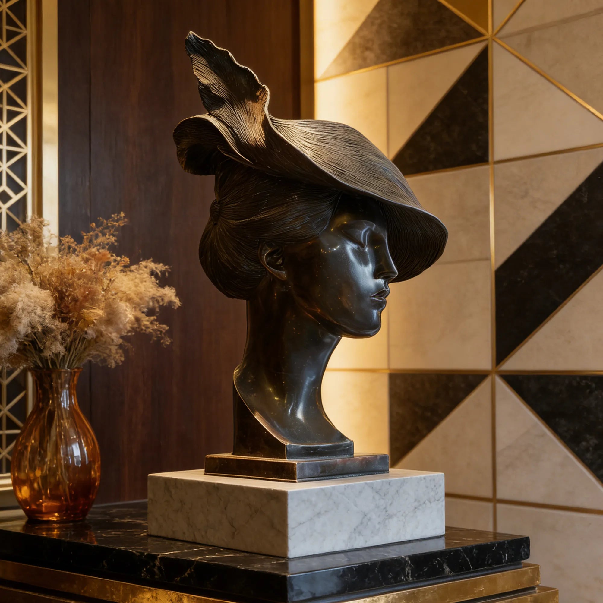 Bronze bust sculpture of a woman wearing a wide flowing hat on a table.