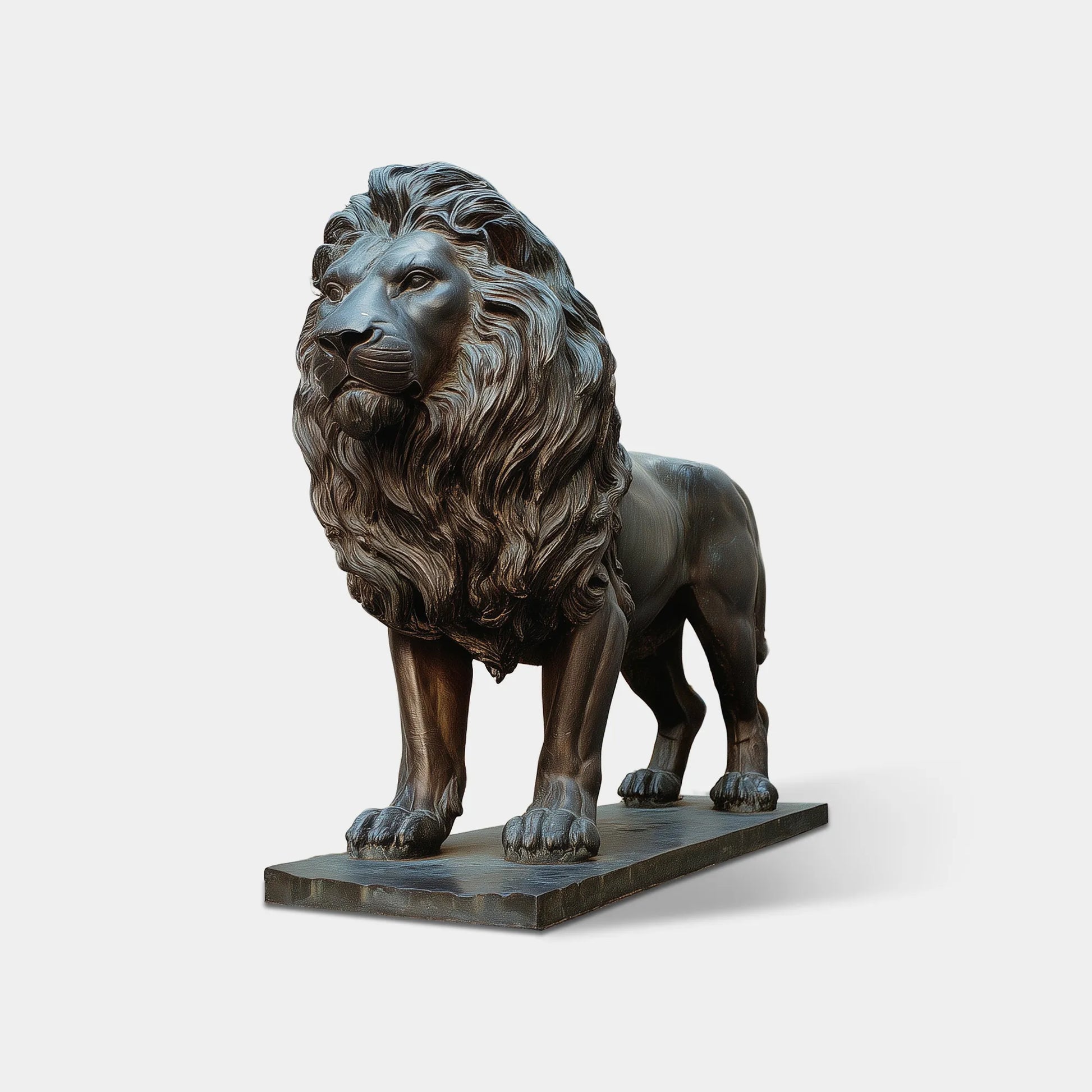 Bronze lion statue with detailed mane standing on pedestal for garden pathway and villa entrance.