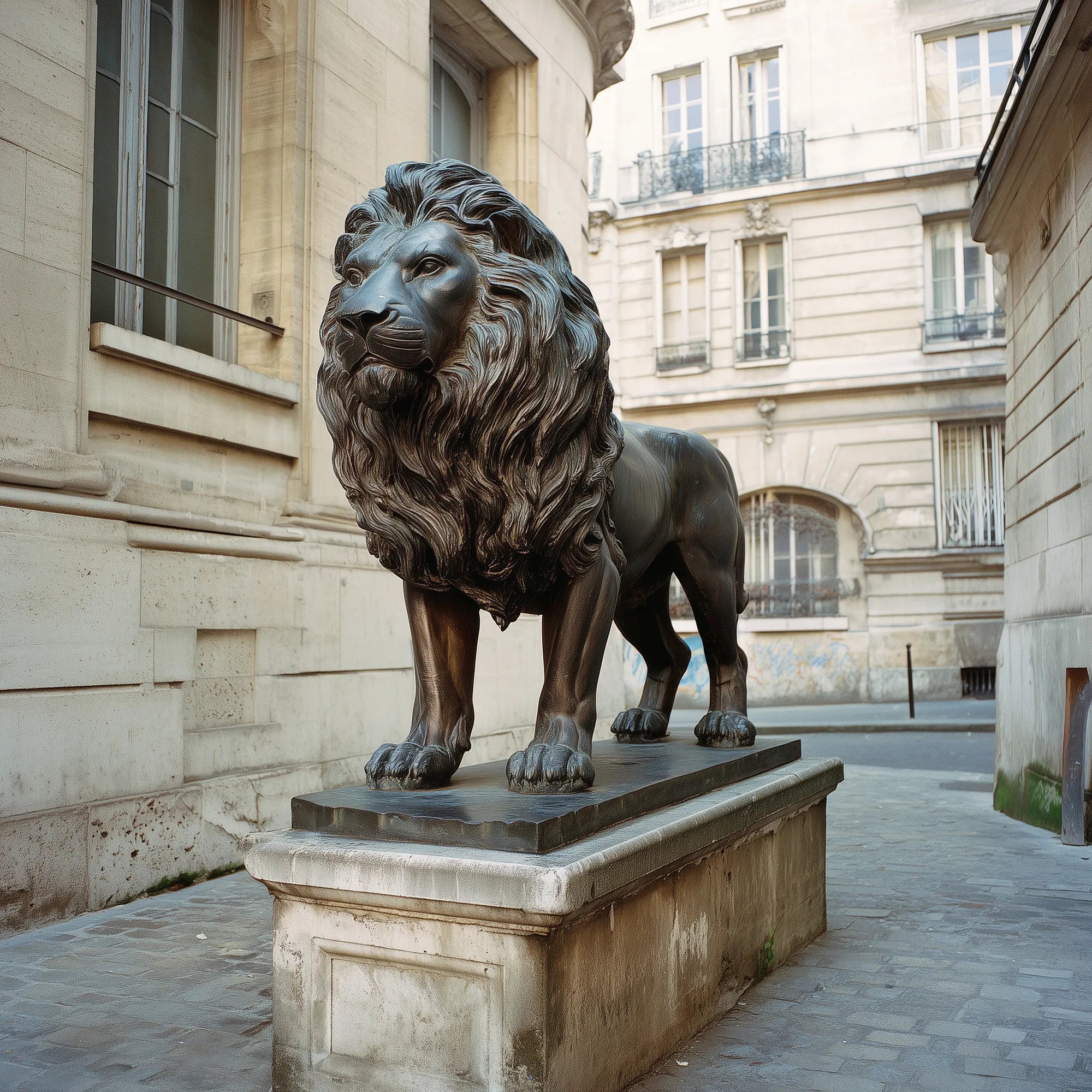 Bronze lion statue with detailed mane standing on pedestal for garden pathway and villa entrance.