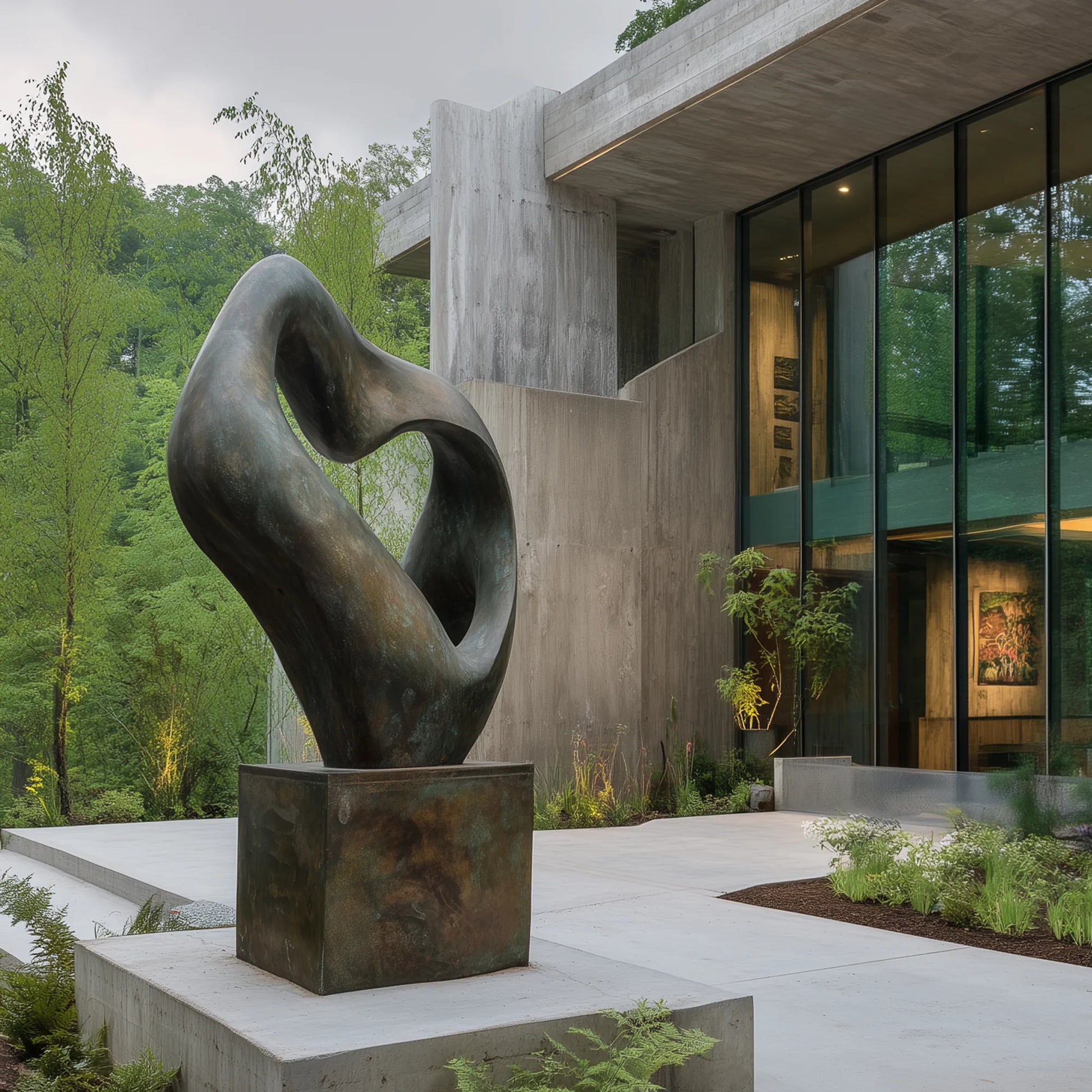 Patinated bronze organic form sculpture in a modern concrete courtyard surrounded by forest landscaping and glass architecture.
