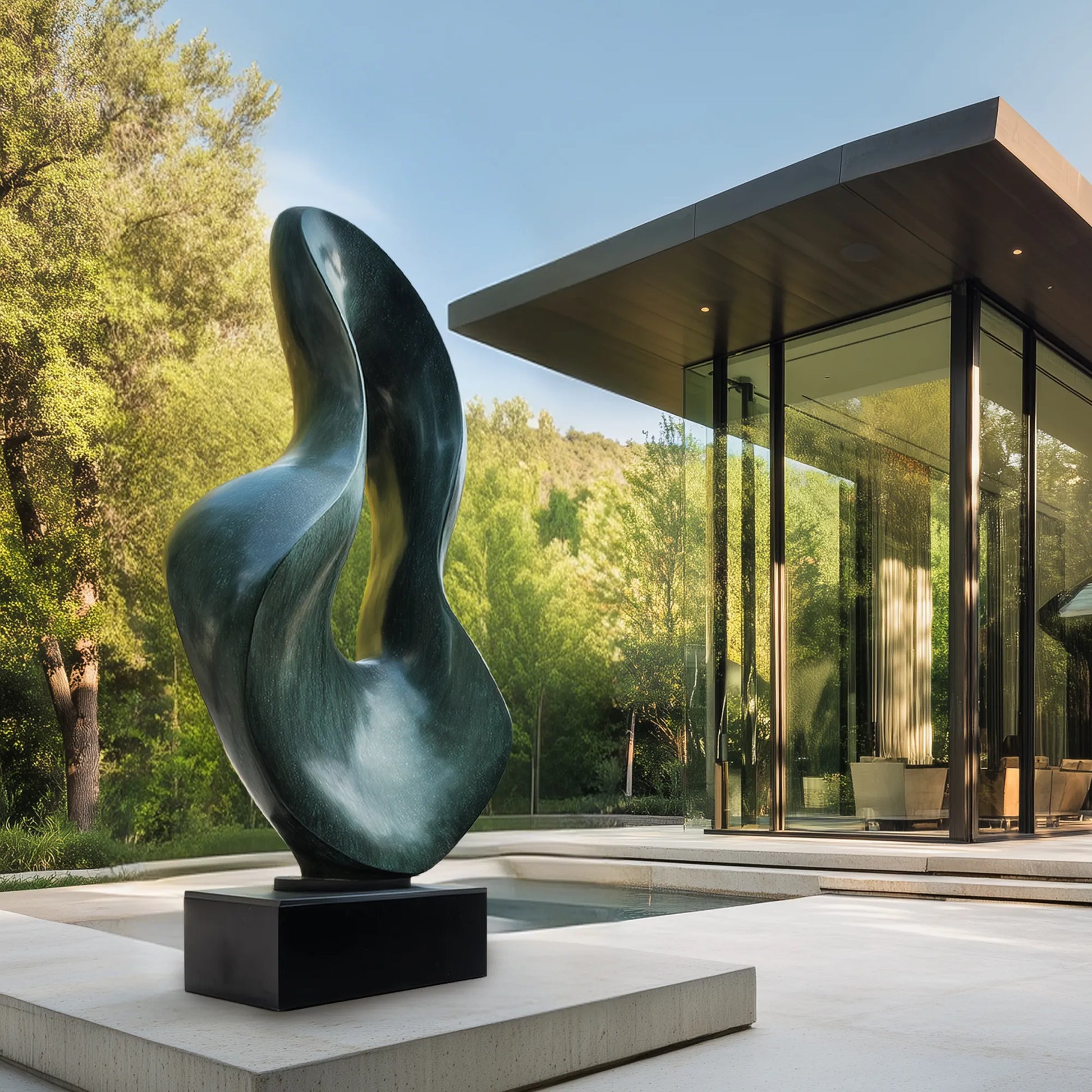 Dark bronze abstract sculpture with flowing organic curves in a modern villa courtyard beside a pool and glass architecture.
