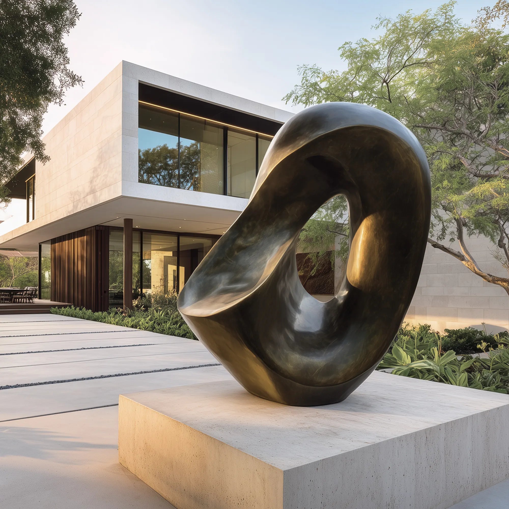 Dark bronze abstract sculpture with an open organic shape on a stone base in a modern villa courtyard.