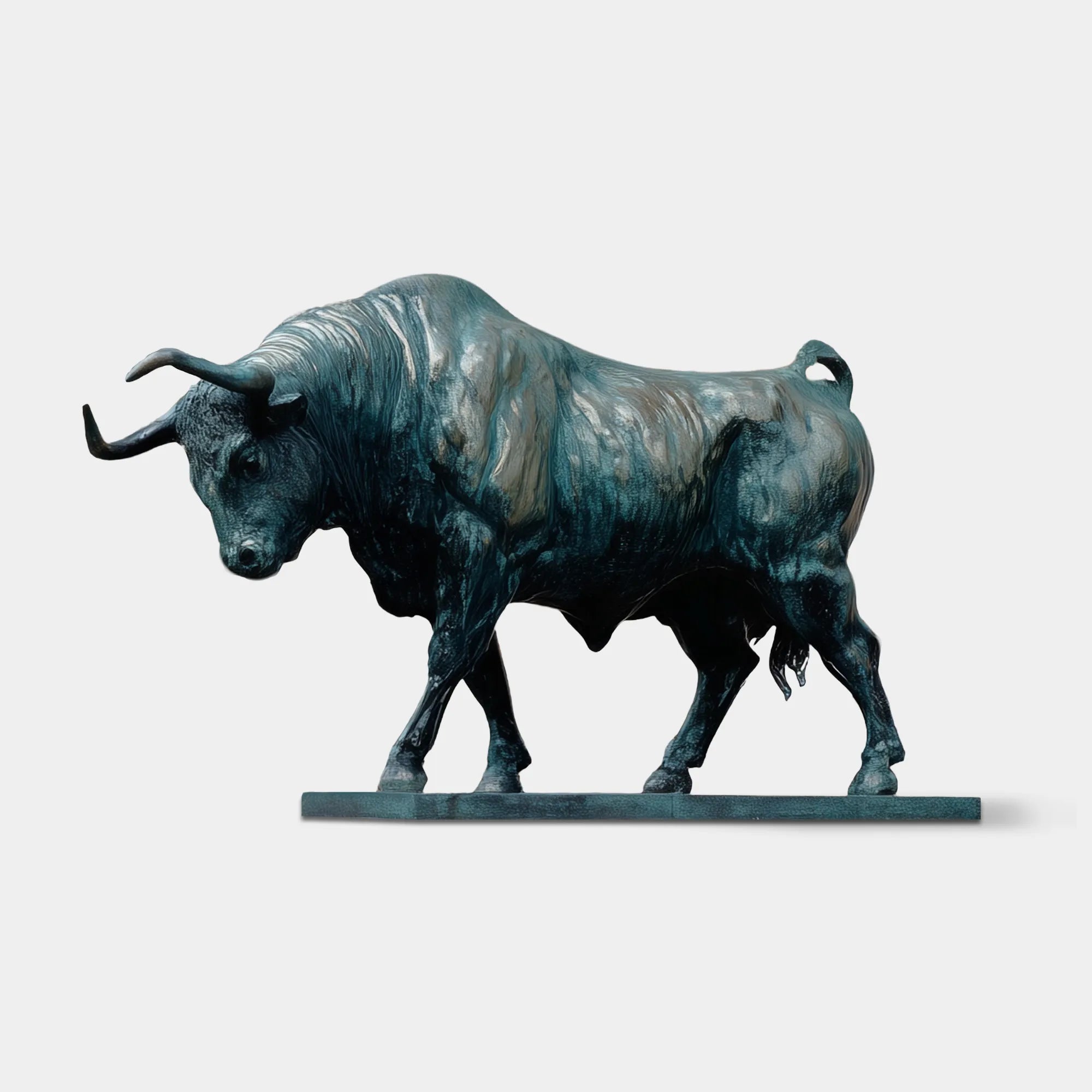 Large bronze bull statue with dark green patina in a historic courtyard.