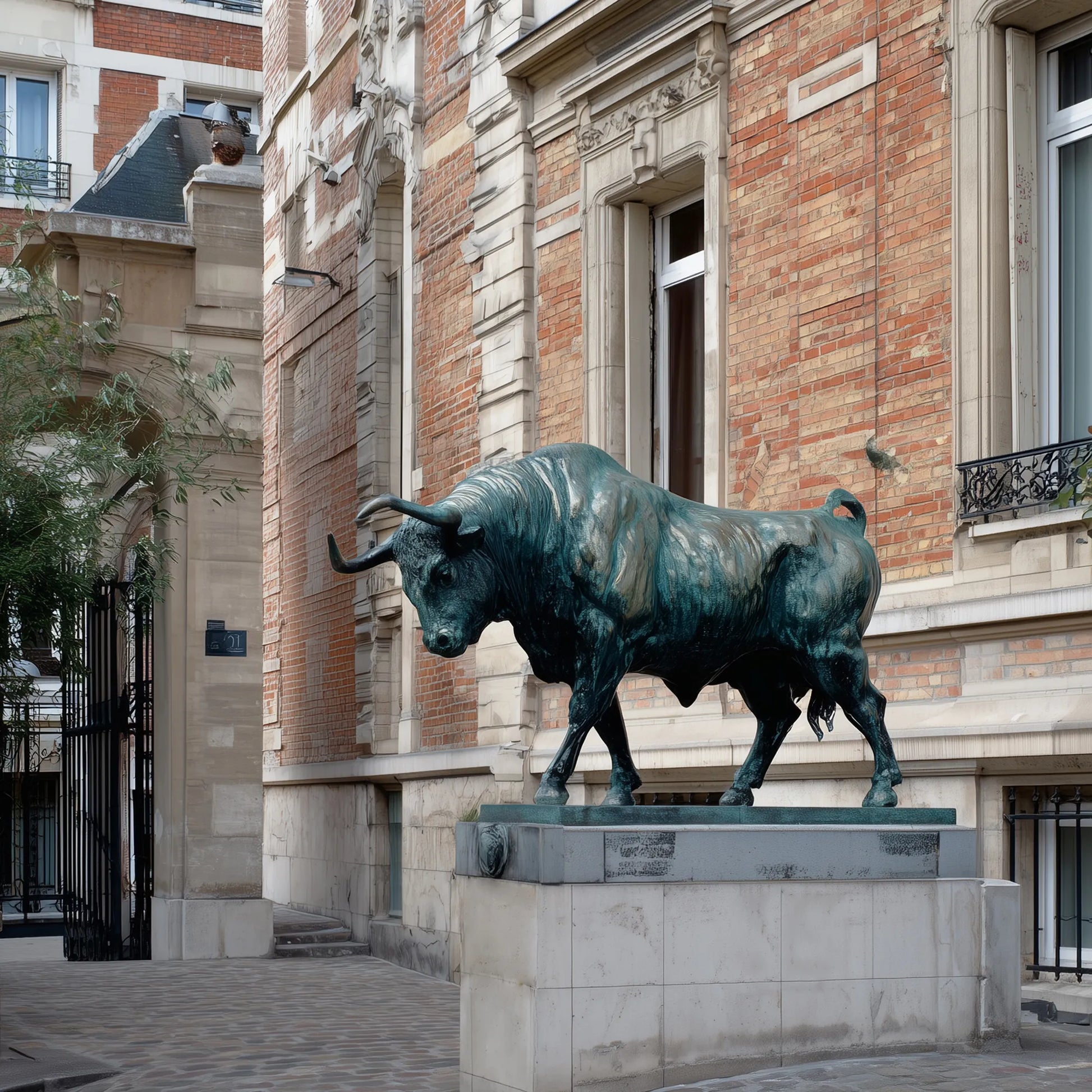 Large bronze bull statue with dark green patina in a historic courtyard.