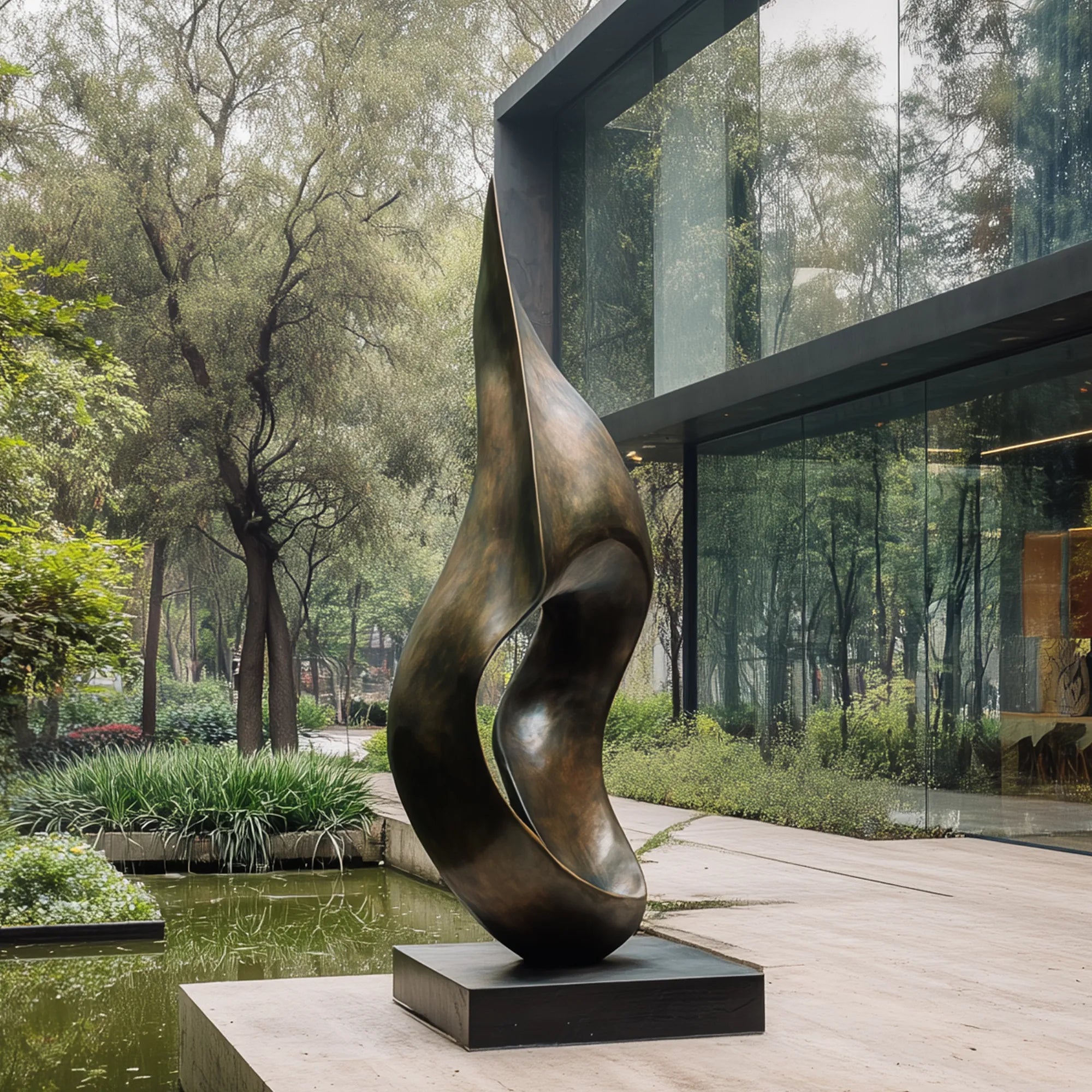 Dark bronze abstract flowing form sculpture beside modern glass house and garden pond.