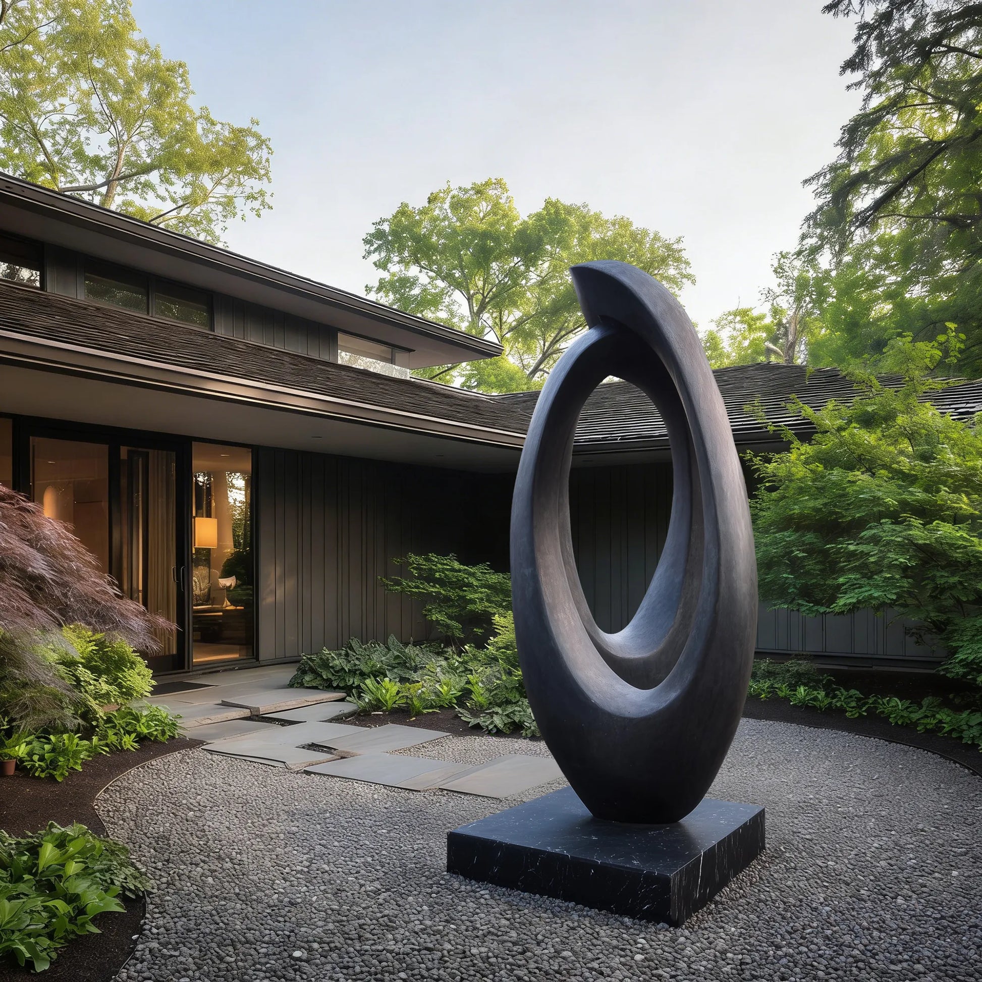 Dark bronze organic form sculpture on a black stone base in a modern zen courtyard garden.