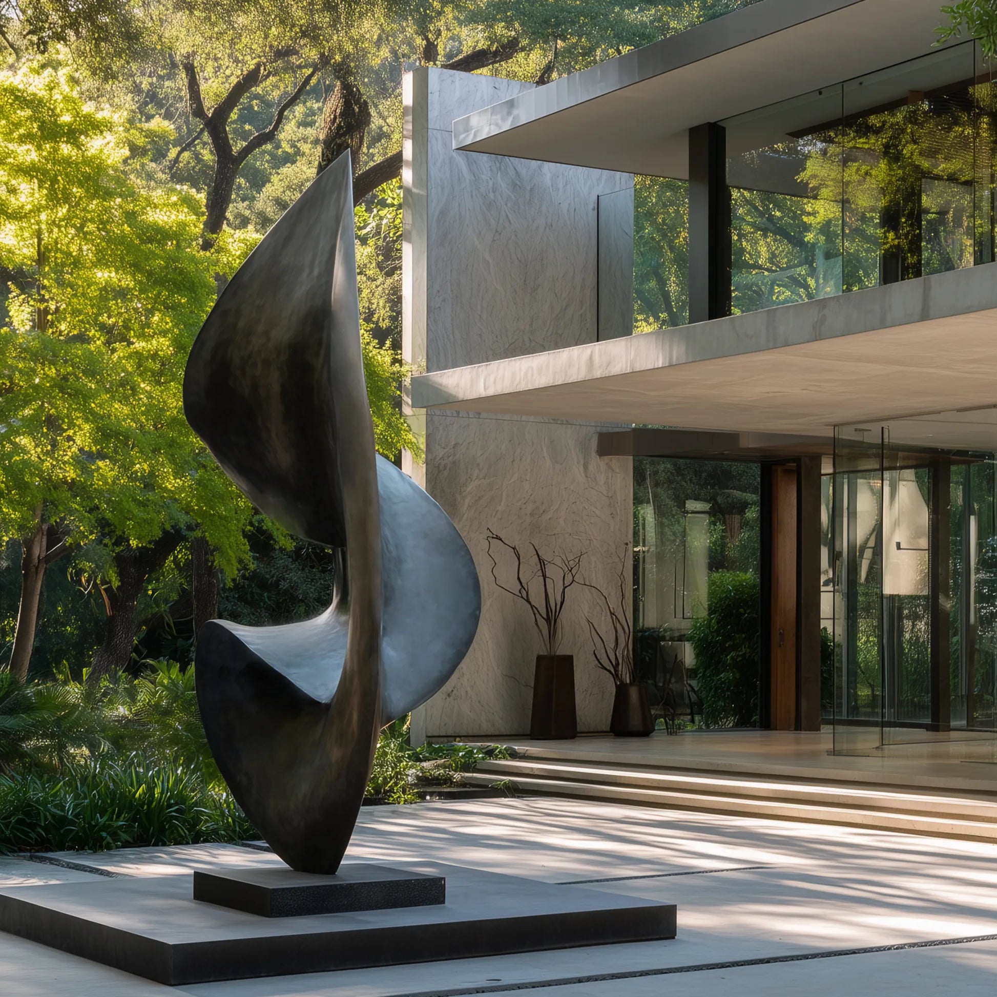 Dark bronze abstract outdoor sculpture on a black base in a modern villa courtyard surrounded by trees.