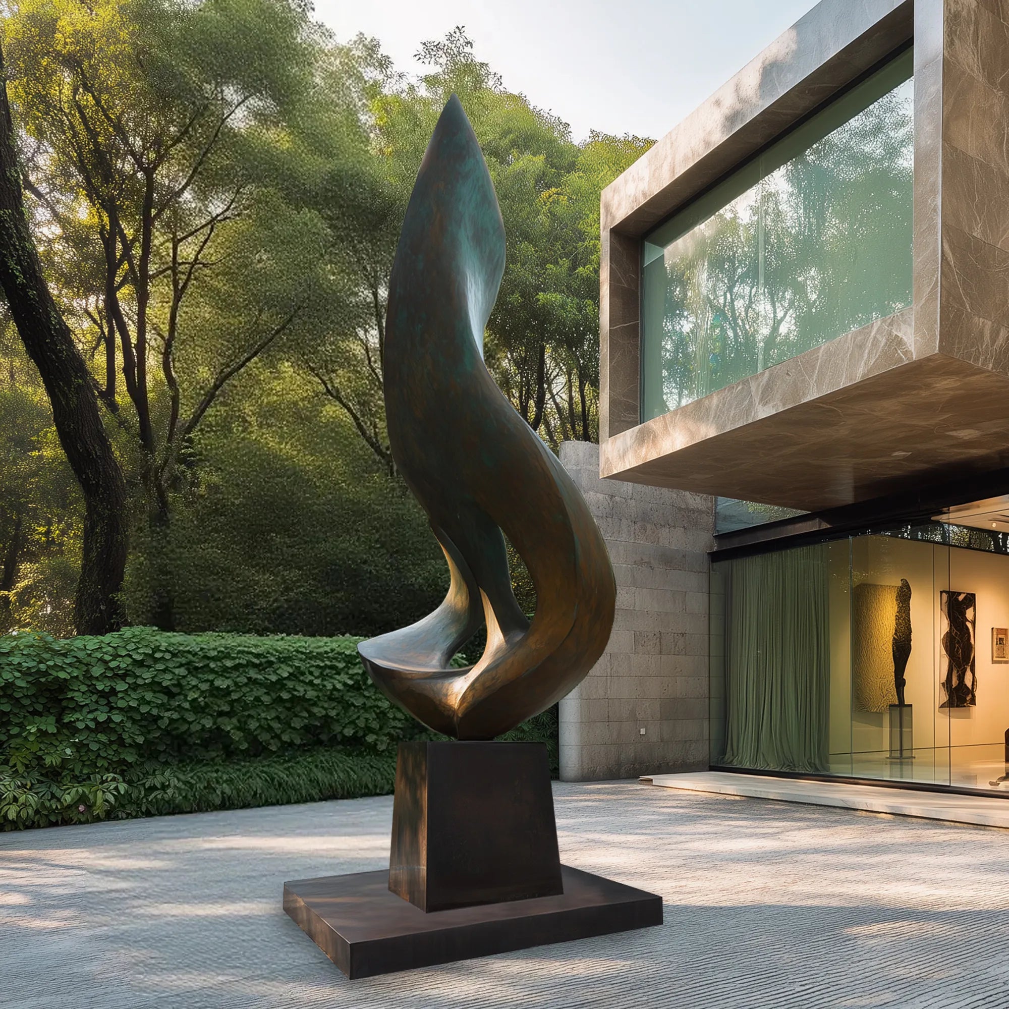 Patinated bronze flowing form sculpture on a pedestal in front of a modern residence with surrounding trees and landscaped garden.