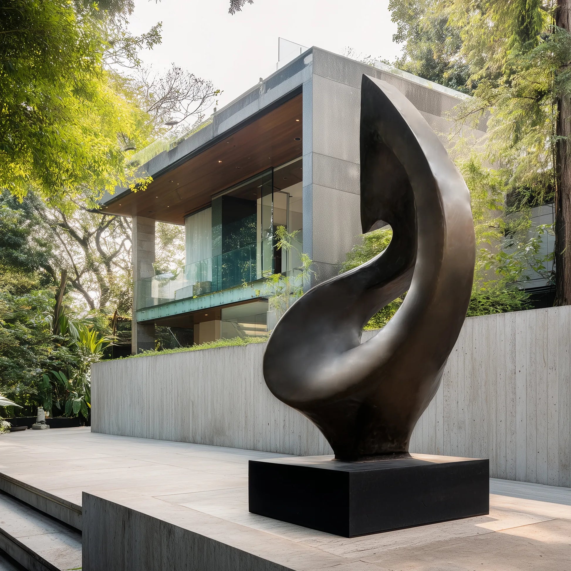 Dark bronze organic form sculpture on a rectangular pedestal in front of a modern residence with surrounding trees and landscaped greenery.