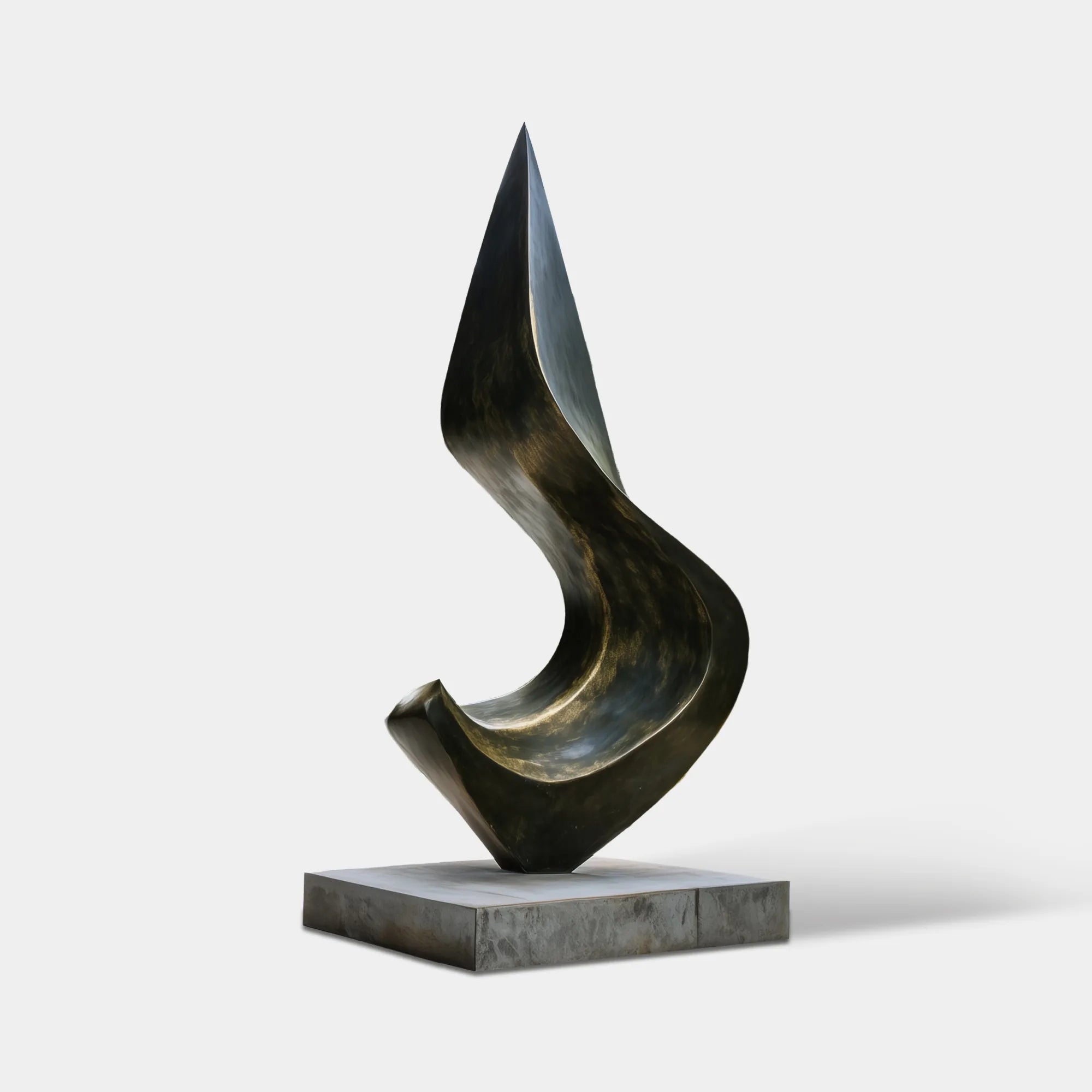 Dark bronze flowing form sculpture on a stone pedestal in a modern residence garden surrounded by trees and landscaped greenery.