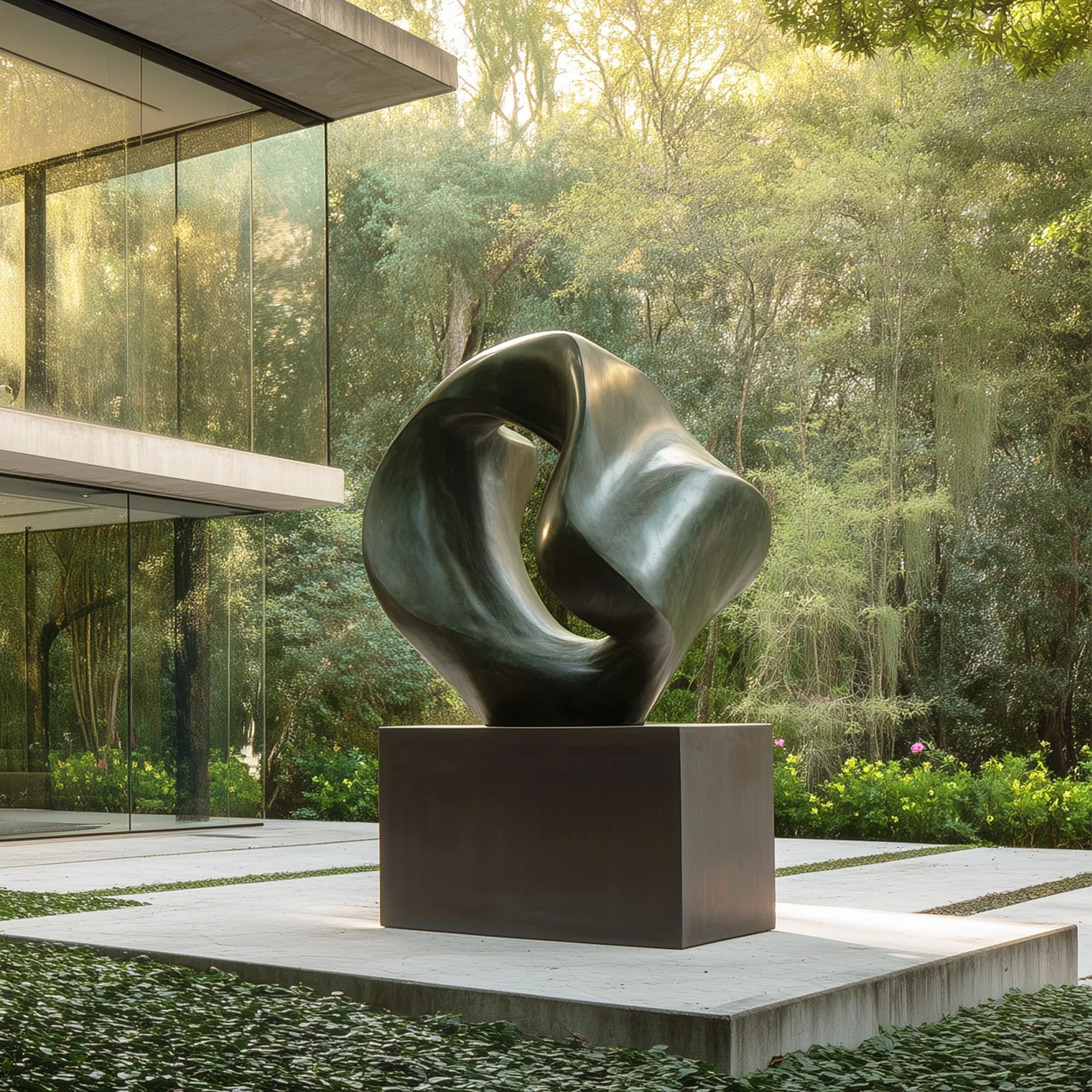 Dark bronze abstract sculpture with a rounded open form on a pedestal in a modern garden courtyard beside a contemporary residence.