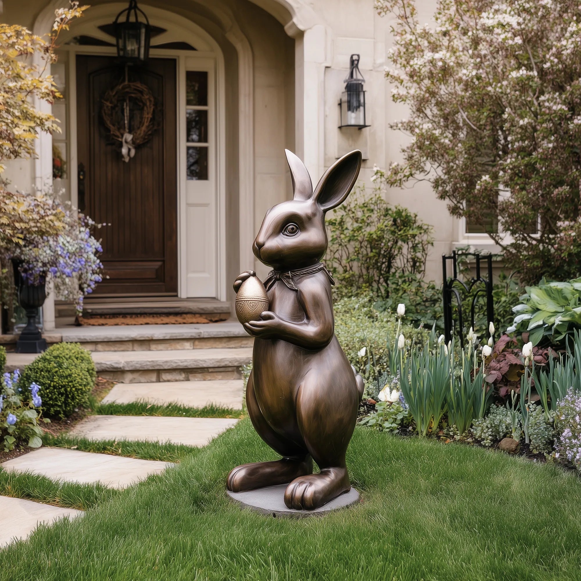 Bronze rabbit statue holding an Easter egg in a front garden near a residential entryway.