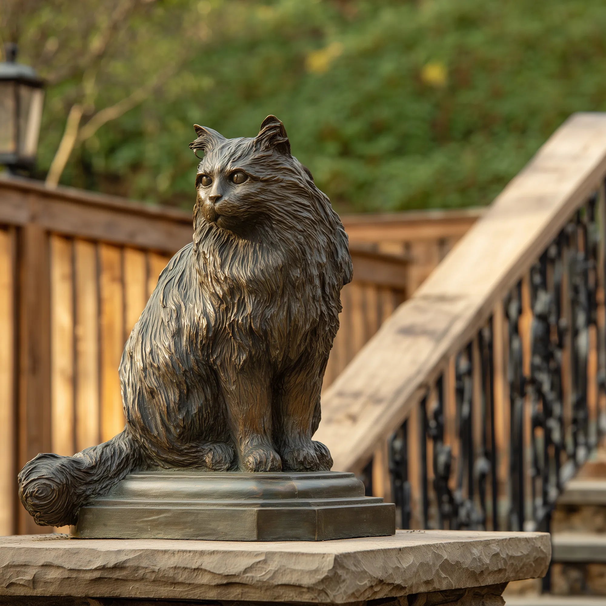 Bronze long-haired cat statue sitting on a pedestal beside a garden walkway and outdoor staircase.