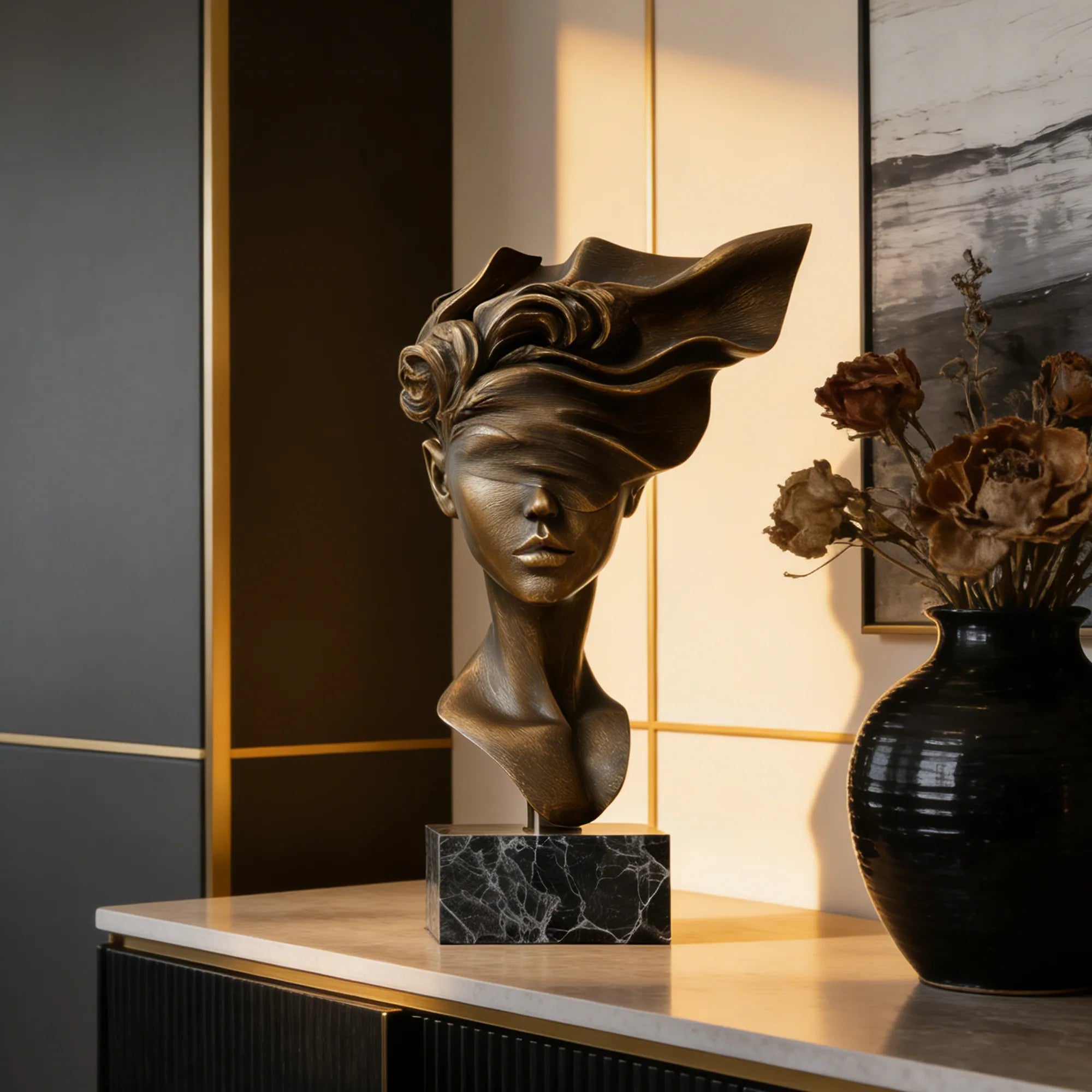 A bronze bust sculpture of a blindfolded woman rests on a marble base, bathed in warm indoor light.