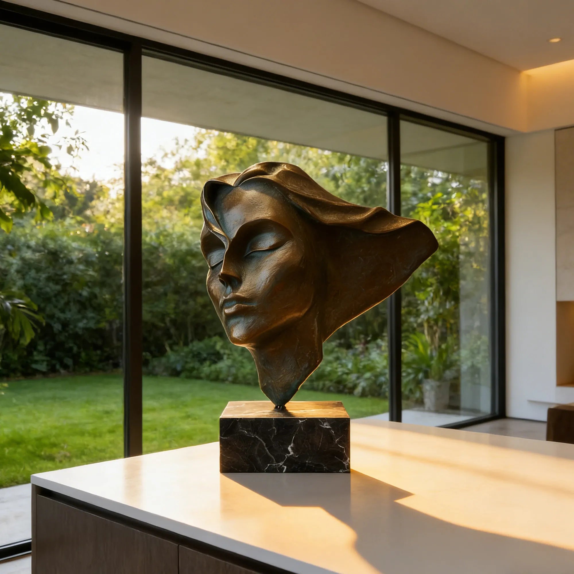 A woman bronze bust with flowing hair is bathing in natural light inside a modern home.