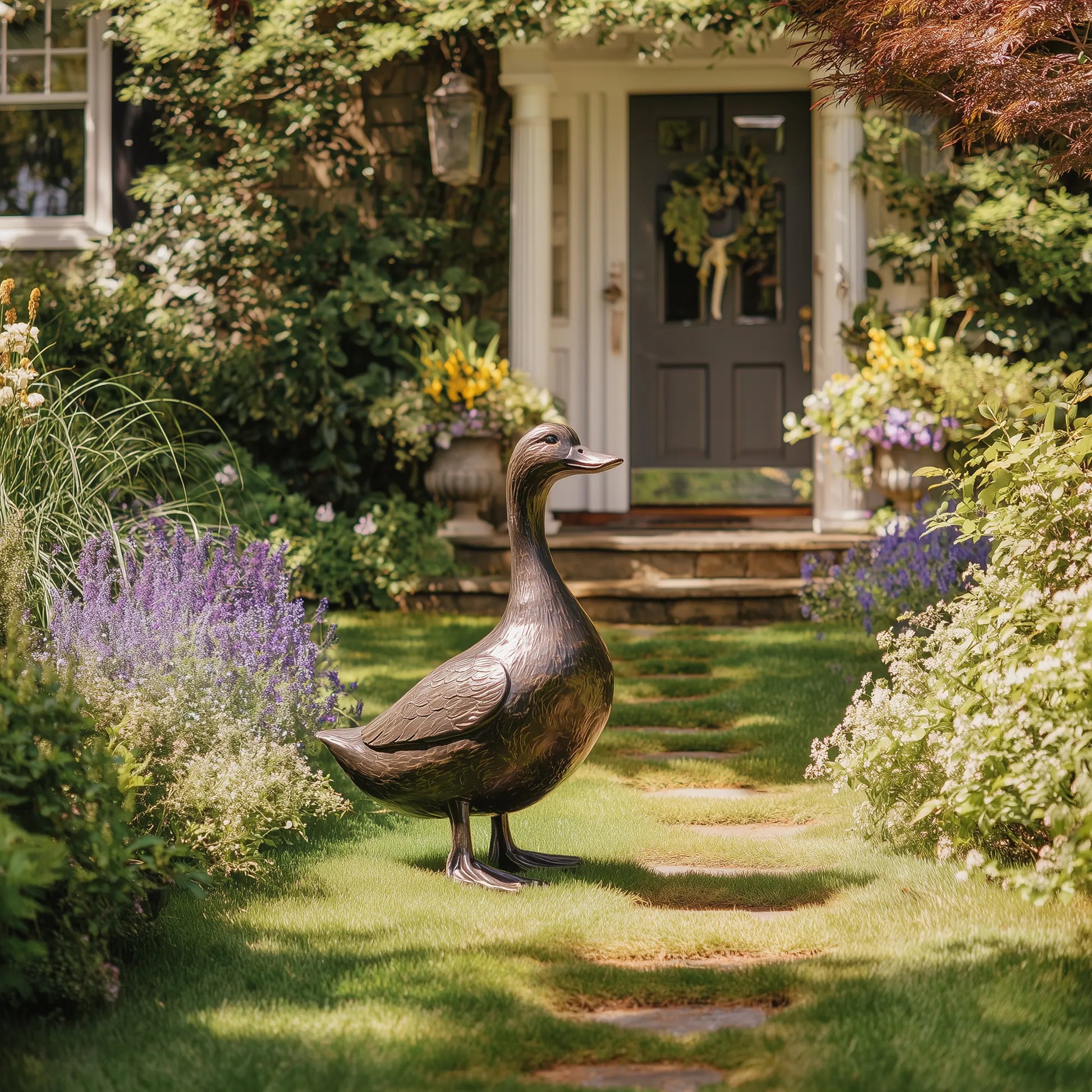 A bronze standing duck sculpture sits on green front lawn lined with lavender beside a home front door.