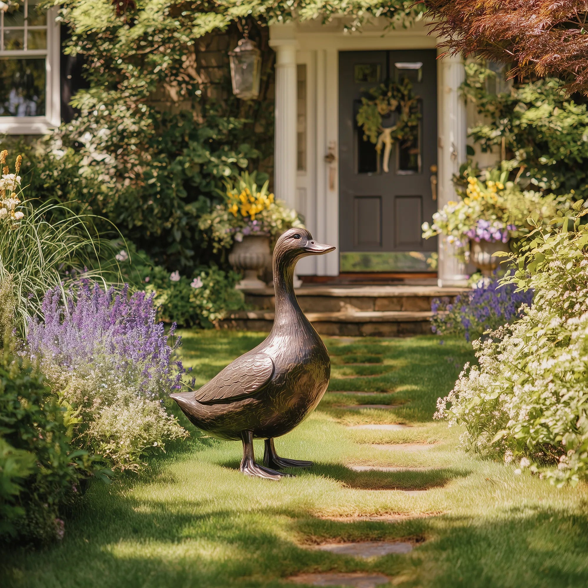 A bronze standing duck sculpture sits on green front lawn lined with lavender beside a home front door.