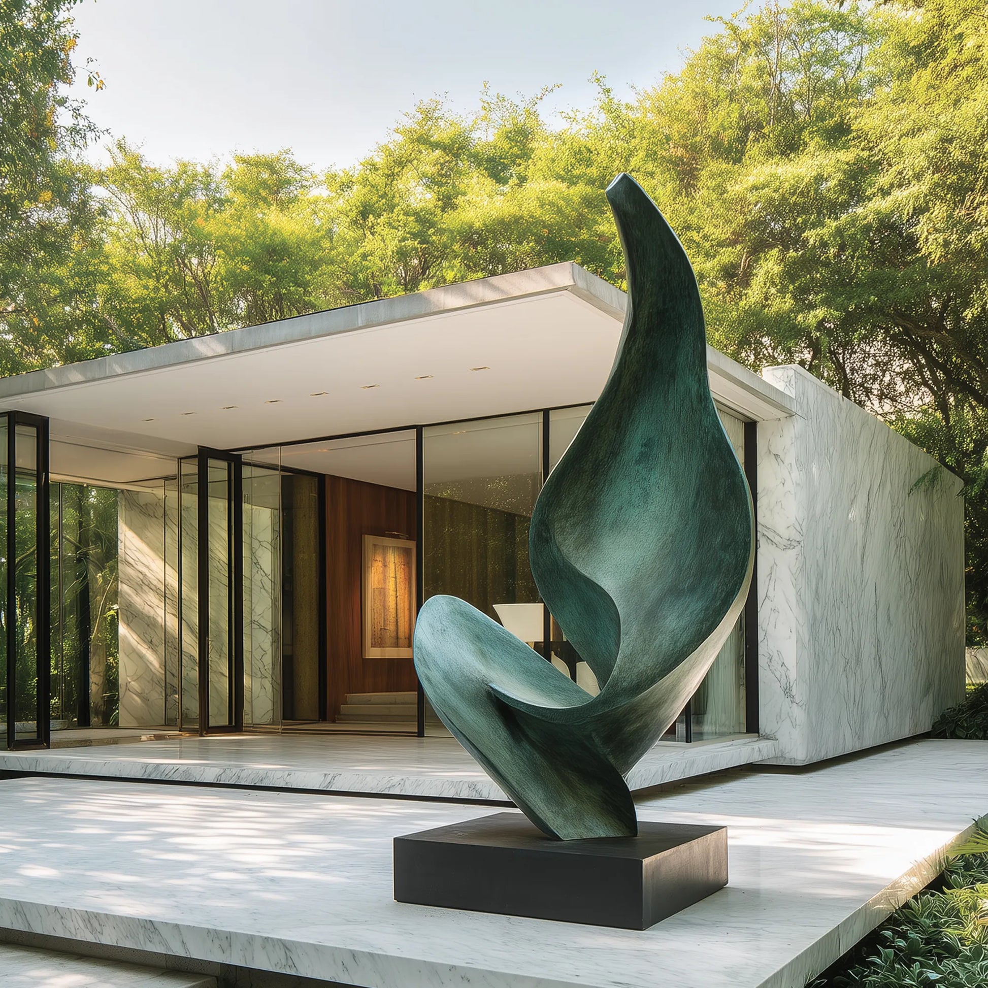 Abstract verdigris bronze sculpture with flowing organic form on a black pedestal in a luxury villa courtyard.