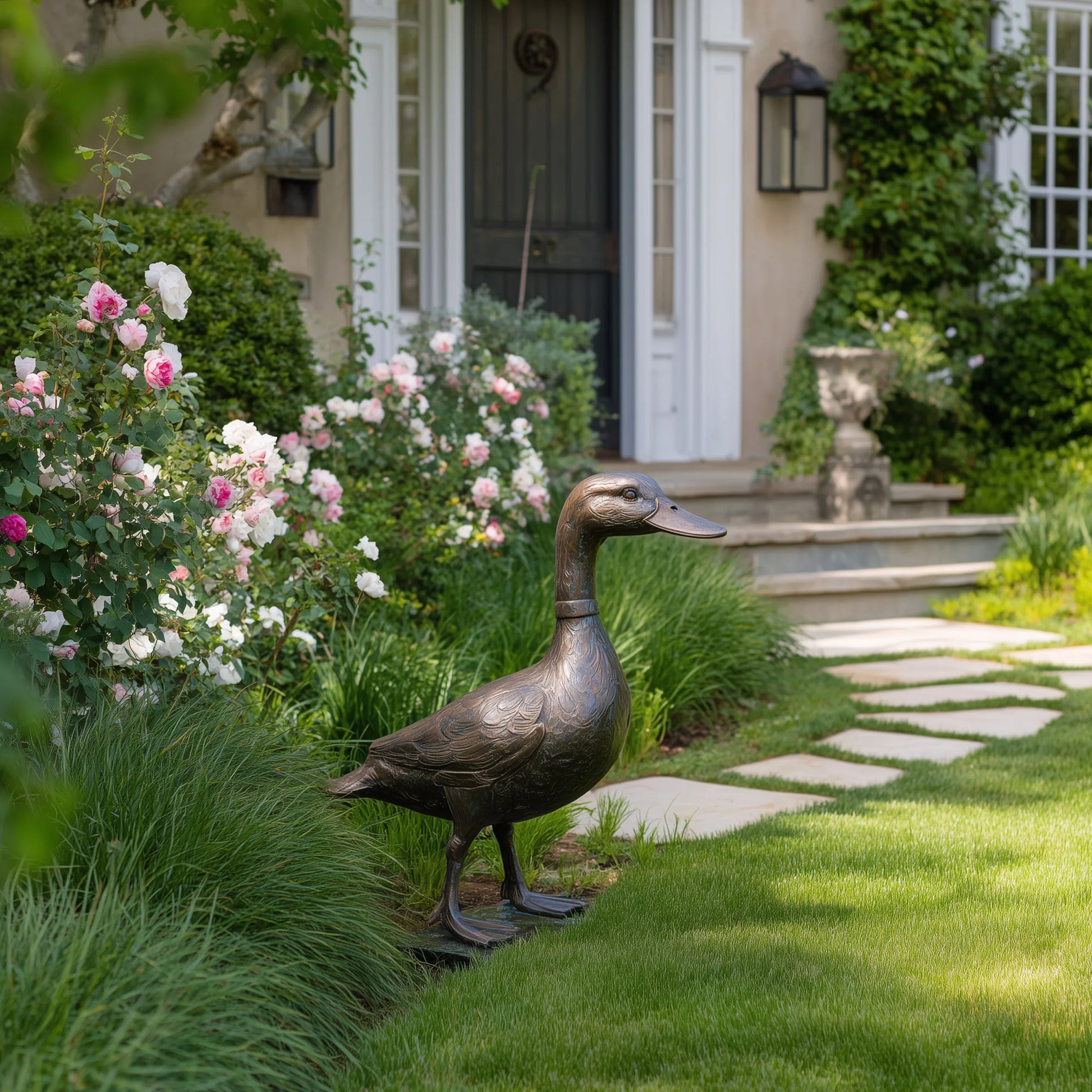 A bronze standing duck sculpture sits on green lawn beside pink rose bushes near a residential front door.