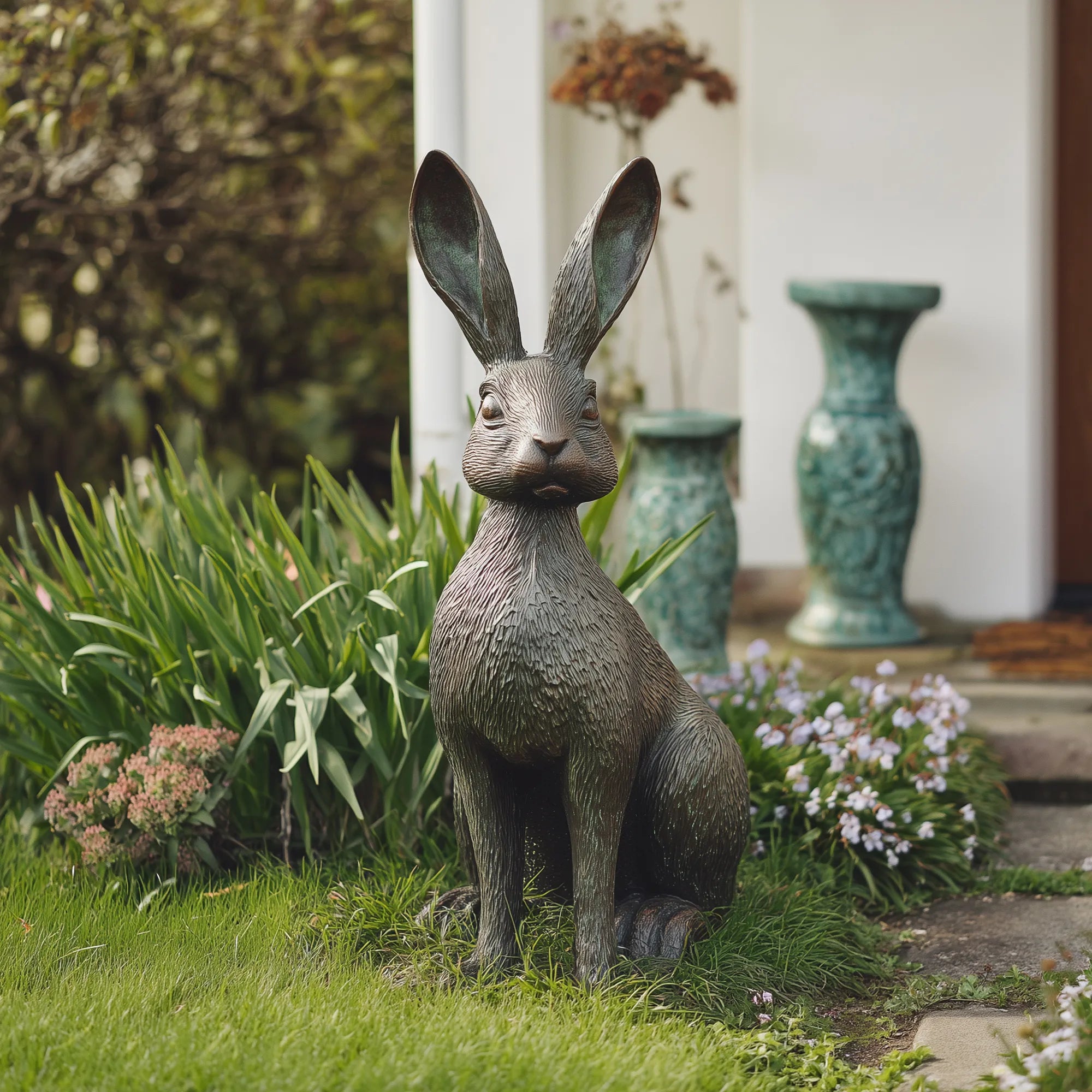 A bronze sitting hare sculpture stands on green grass amid blooming flowers beside a white house.