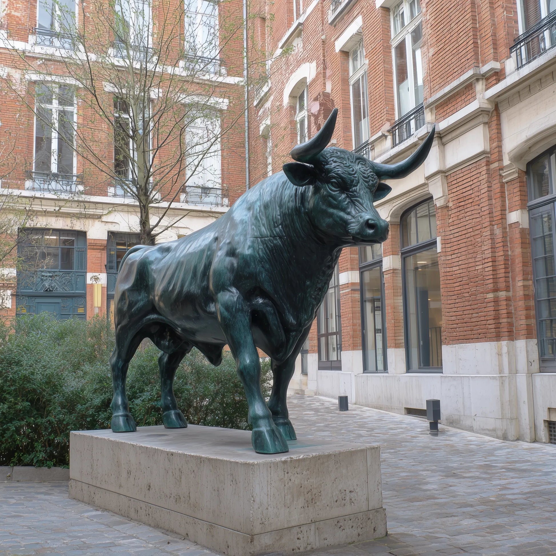 Realistic patinated bronze bull statue with detailed body and raised head placed beside a public building. 
