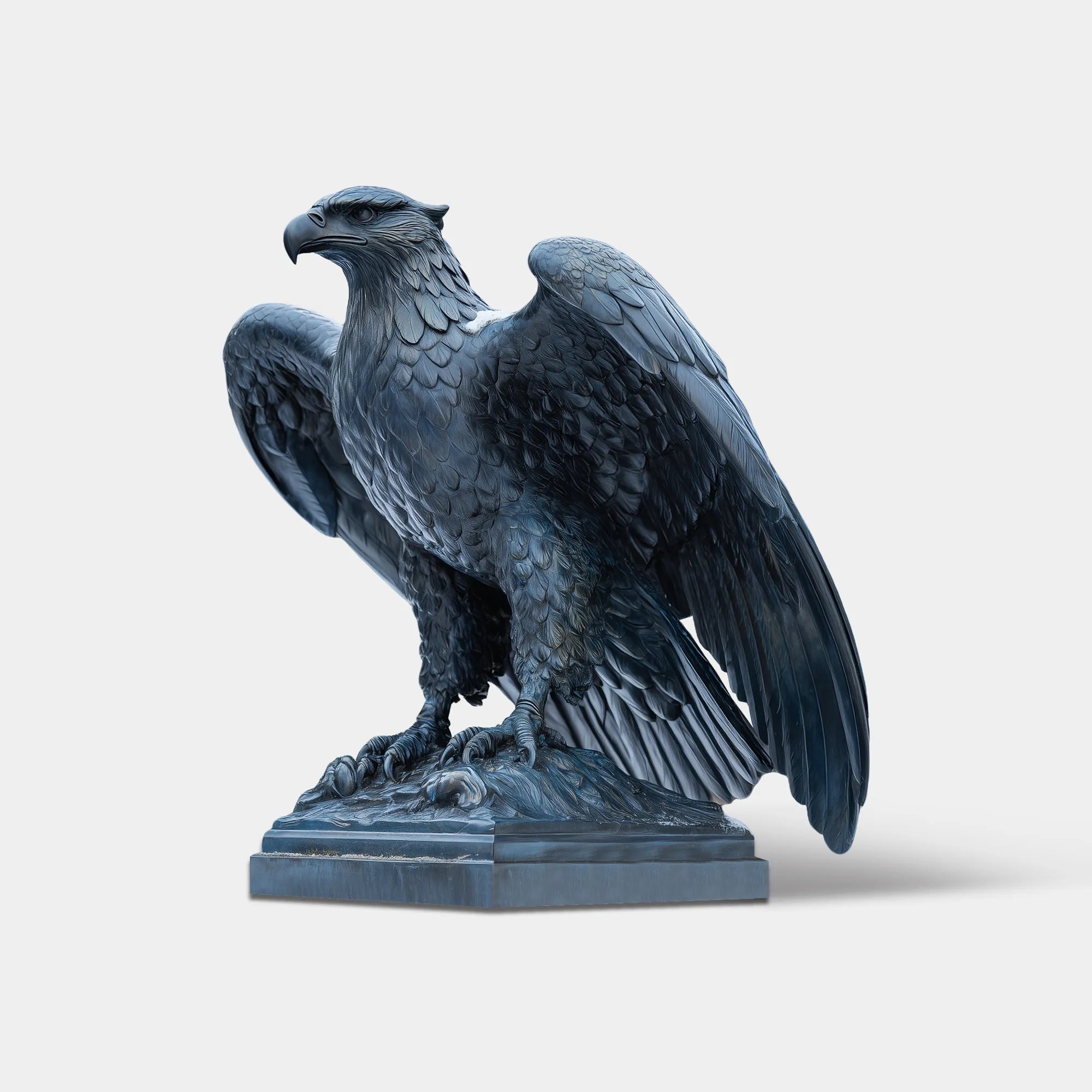 Bronze eagle sculpture with detailed feather carving and forward posture for estate gate entrance.