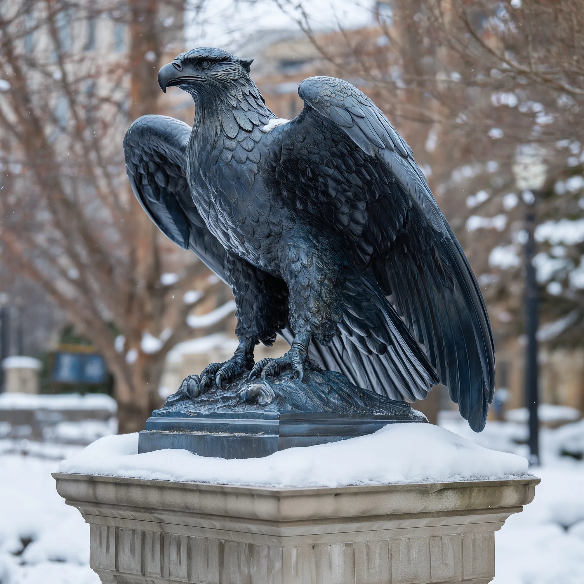 Bronze eagle sculpture with detailed feather carving and forward posture for estate gate entrance.