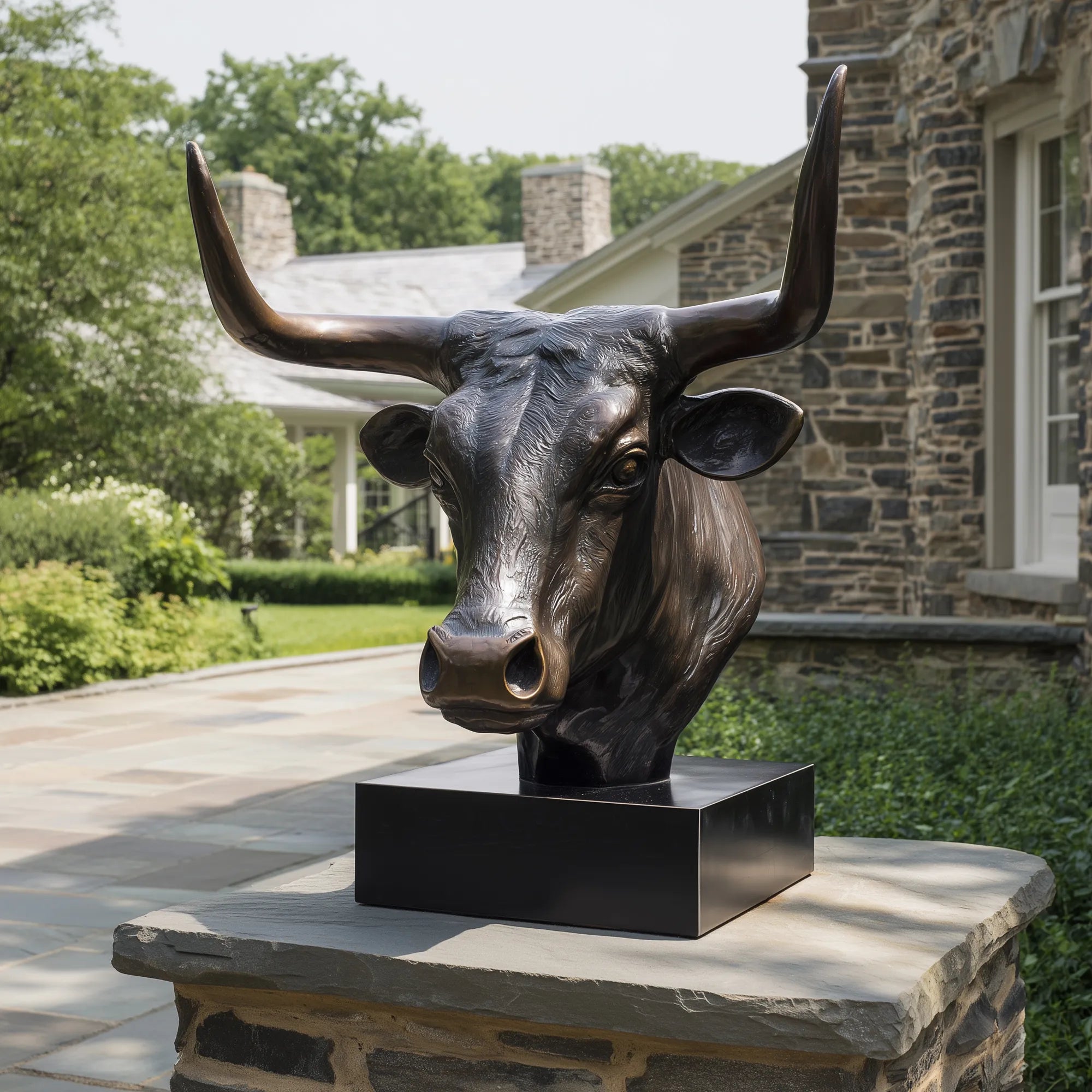 Bronze bull head sculpture with detailed horns and textured surface on base in ranch entrance. 