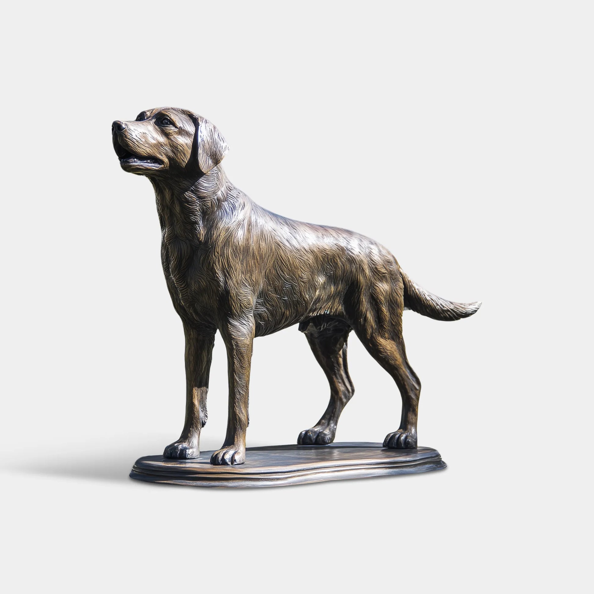 Bronze small dog sculpture with detailed fur texture and attentive expression in a garden.