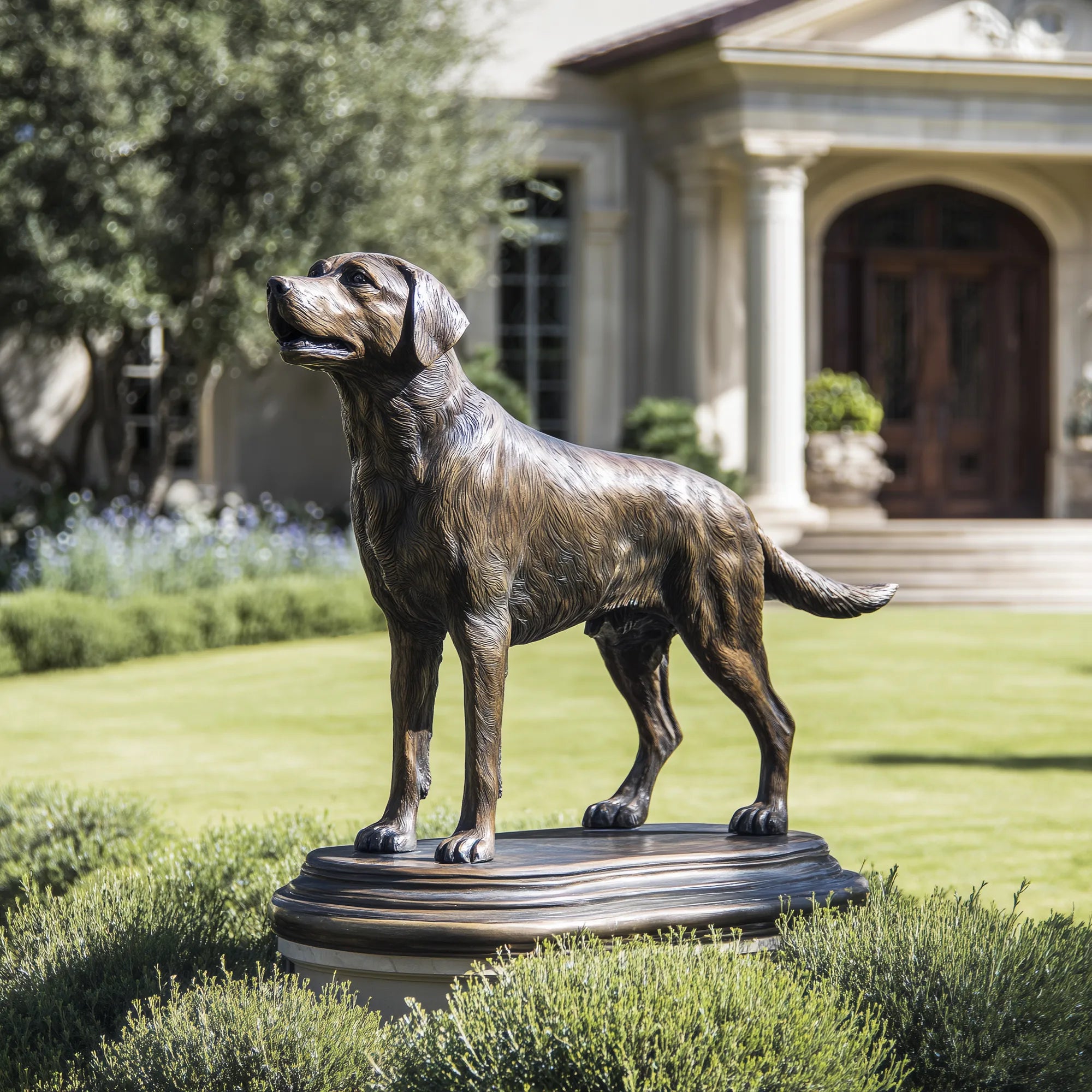 Bronze small dog sculpture with detailed fur texture and attentive expression in a garden.