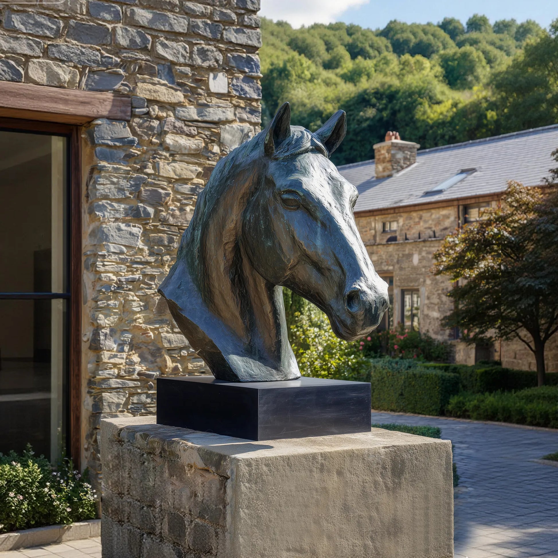 Bronze horse head sculpture with detailed mane and expressive face in close-up in a courtyard. 