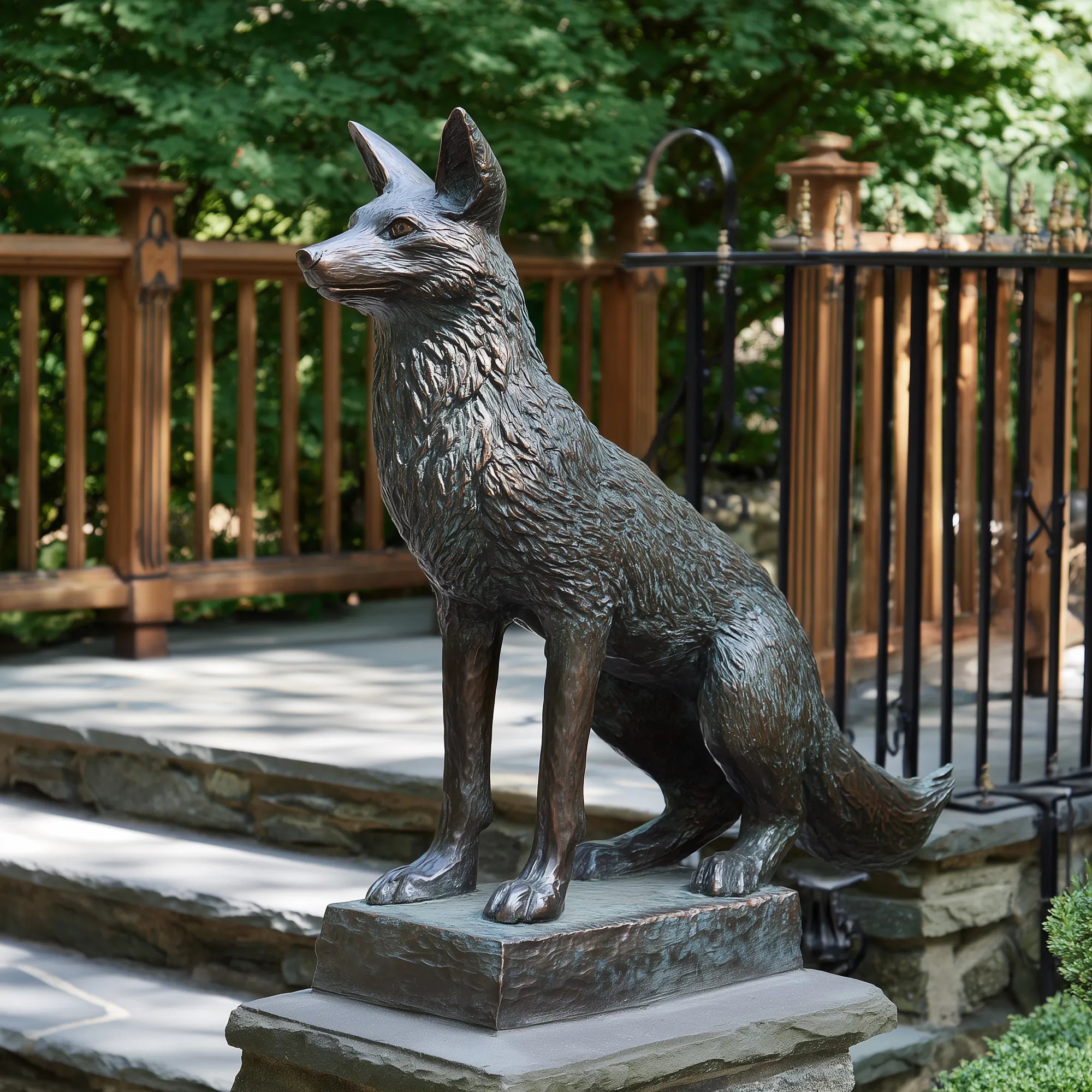 This patina bronze fox sculpture stands on stone porch steps before wooden railings and green leafy trees.