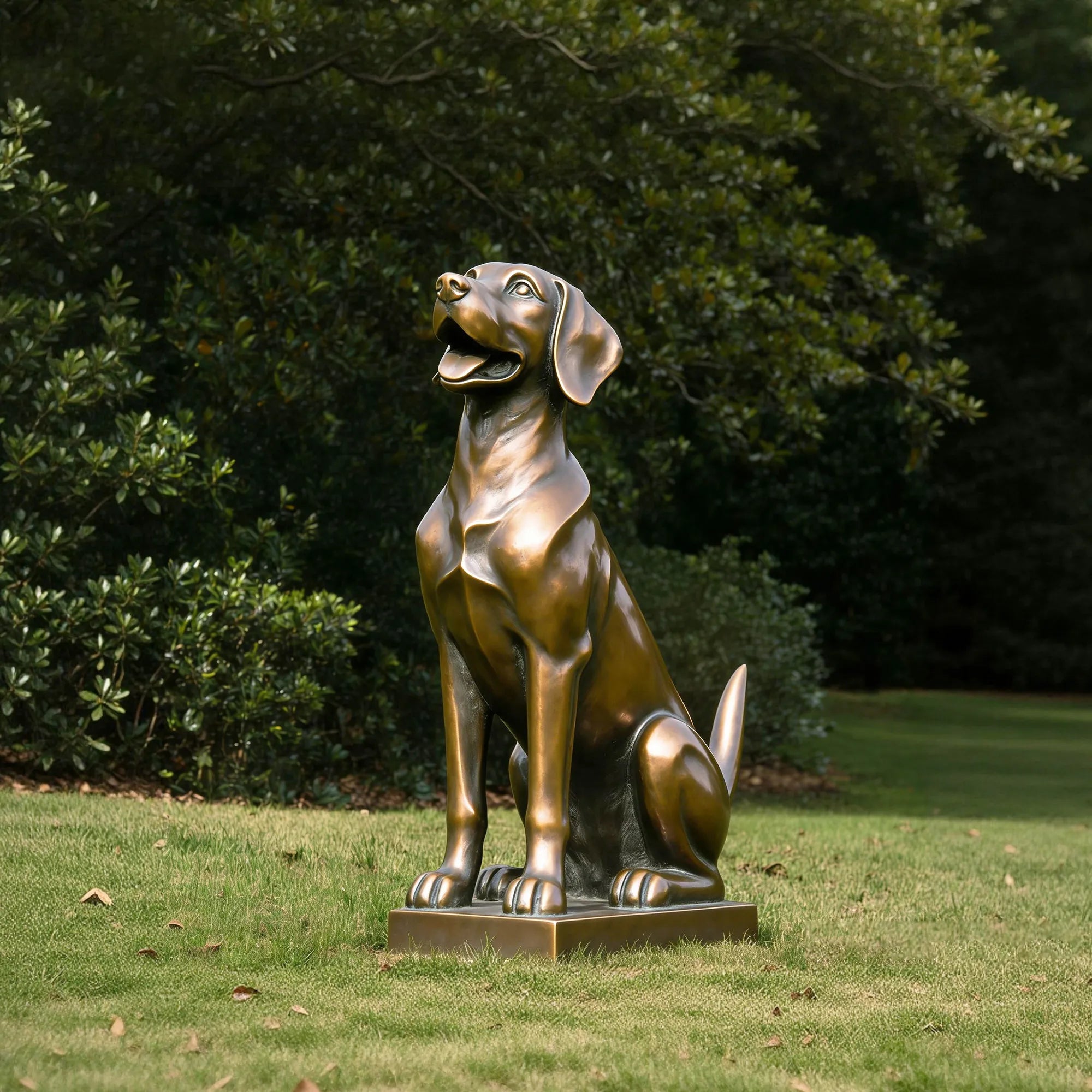 A cute bronze dog sculpture stands on small base amid green lawn and dense leafy shrubbery.