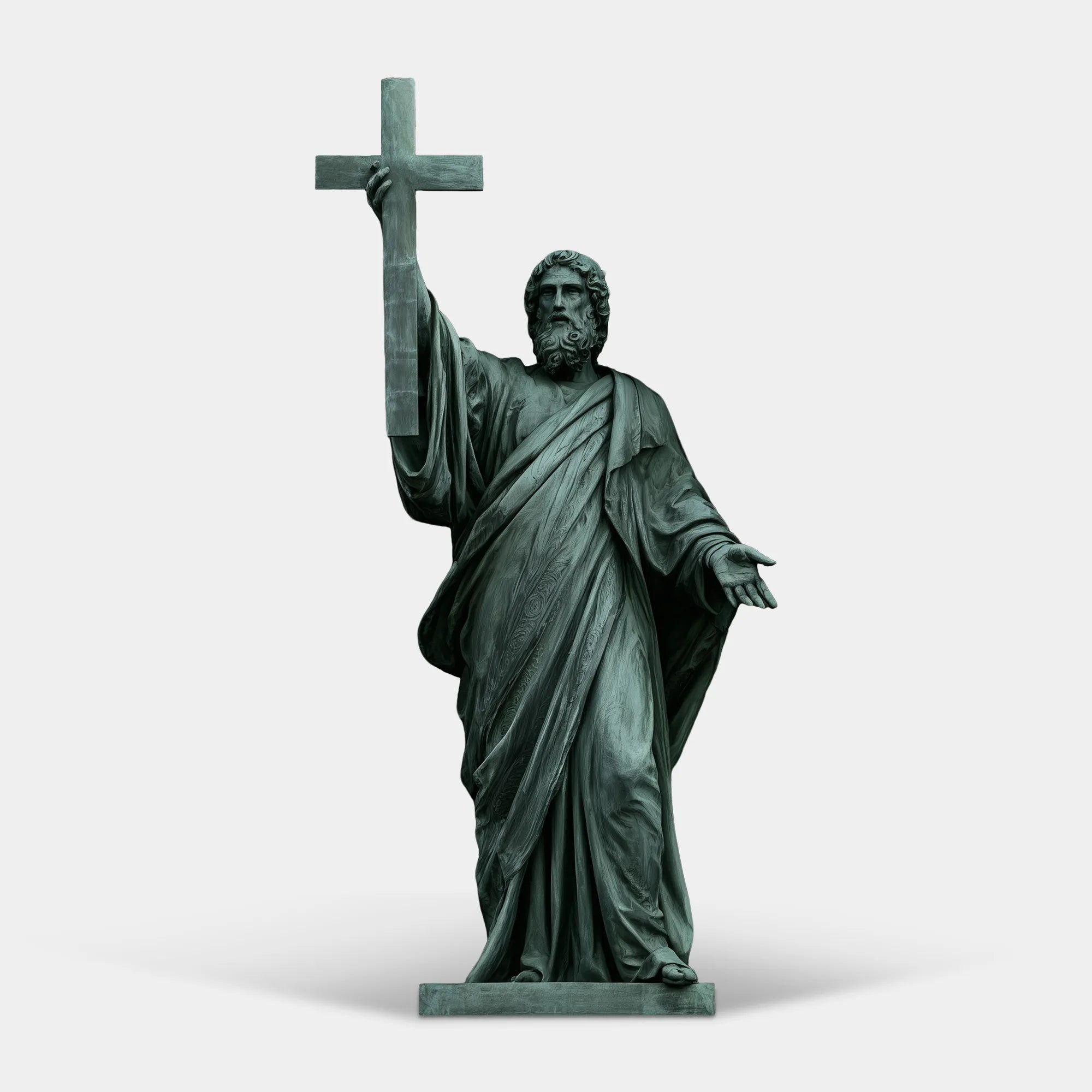 Green patina bronze statue of St. Francis Xavier holding a raised cross in an arched church niche.