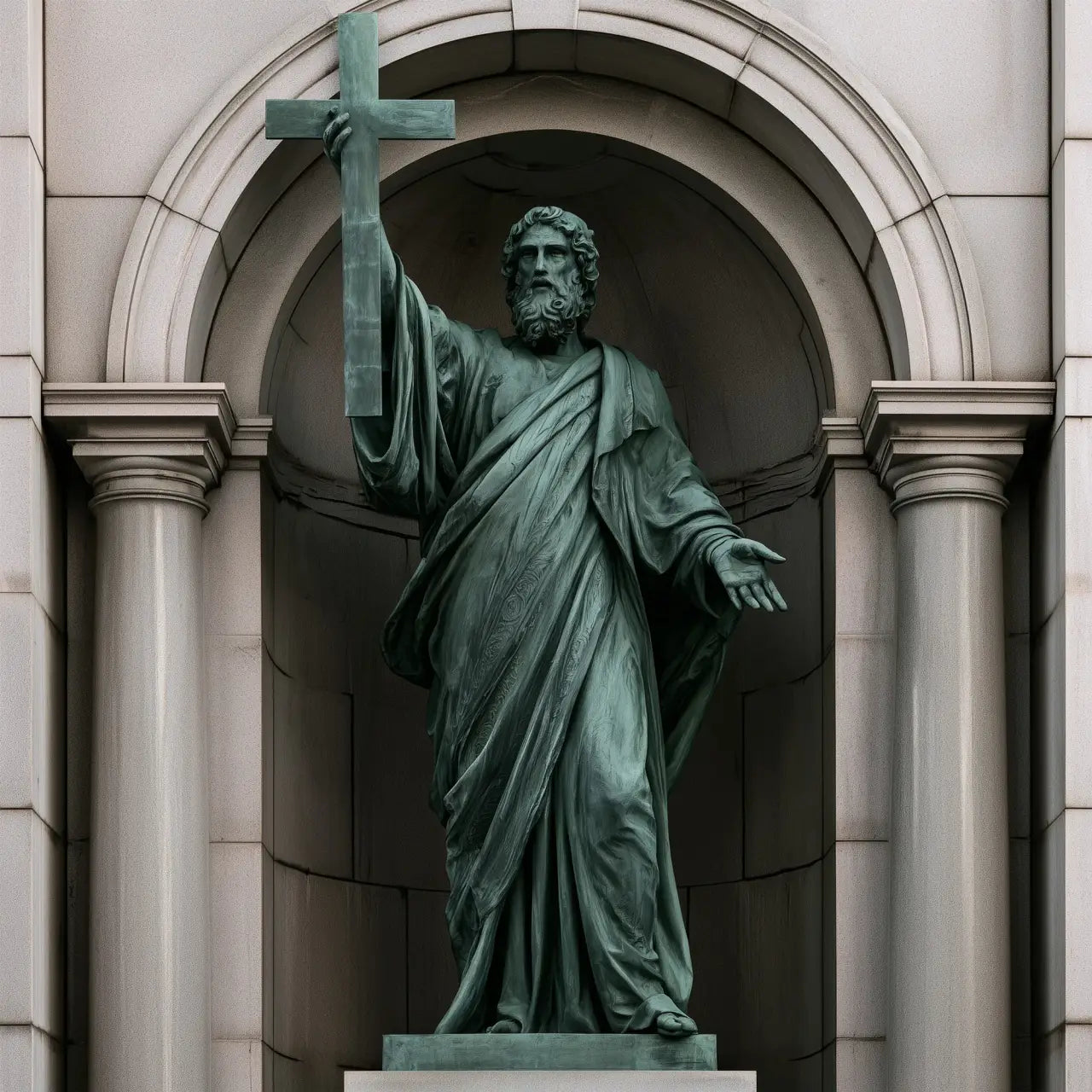 Green patina bronze statue of St. Francis Xavier holding a raised cross in an arched church niche.